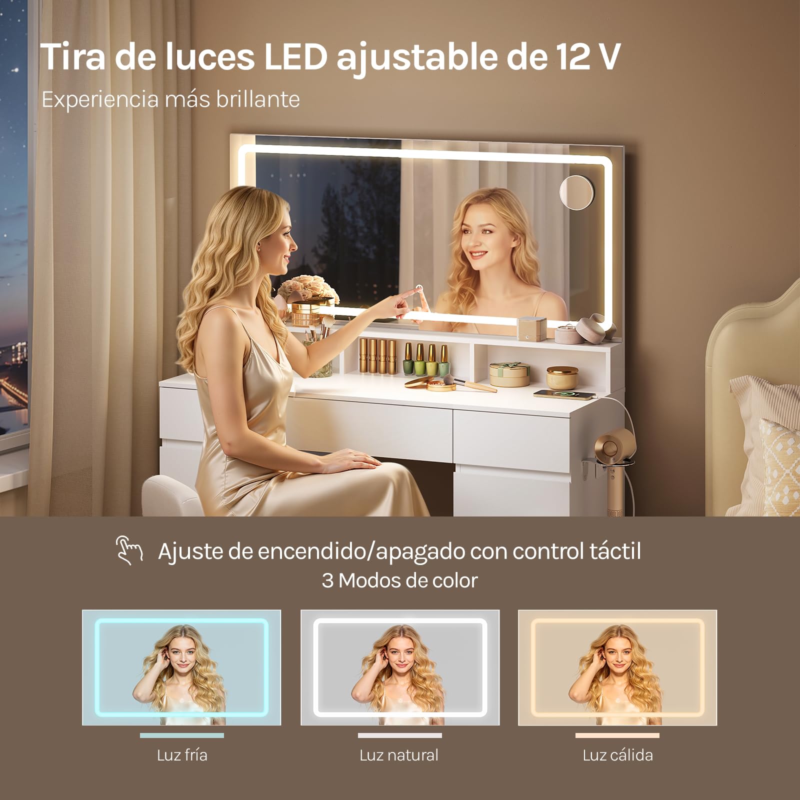 WOLTU Tocador Maquillaje con Espejo LED de Ancho 110 cm y Lupa 5X, Mesa Tocador con 9 Cajones y 3 Estantes, Estación de Carga y Soporte para Secador de Pelo, Blanco