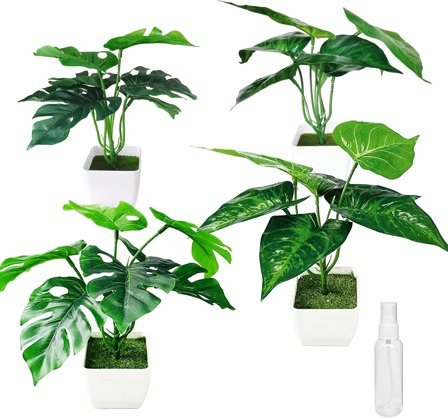 4 Packs Fake Plants Mini Artificial Green Potted Tropical Faux Monstera and Taro Leaves Plants in Plastic Pot for Desk Home Bedroom Bathroom Shelf Farmhouse Office Table House Windowsill Decor Indoor