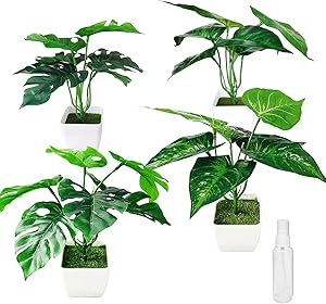 4 Packs Fake Plants Mini Artificial Green Potted Tropical Faux Monstera and Taro Leaves Plants in Plastic Pot for Desk Home Bedroom Bathroom Shelf Farmhouse Office Table House Windowsill Decor Indoor