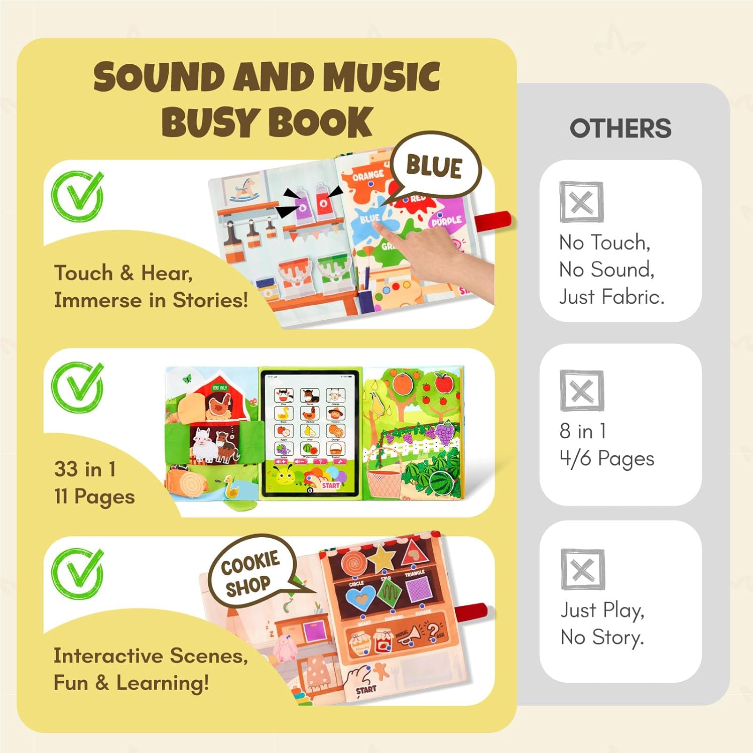 Giant bean Busy Book for Toddlers 1-3, Busy Board Montessori Toys with Sound Panel for 1 2 3 4 5 Year Old, Activity Book Preschool Learning Toys Quiet Books, Birthday Gift, Travel Toy for Airplane Car