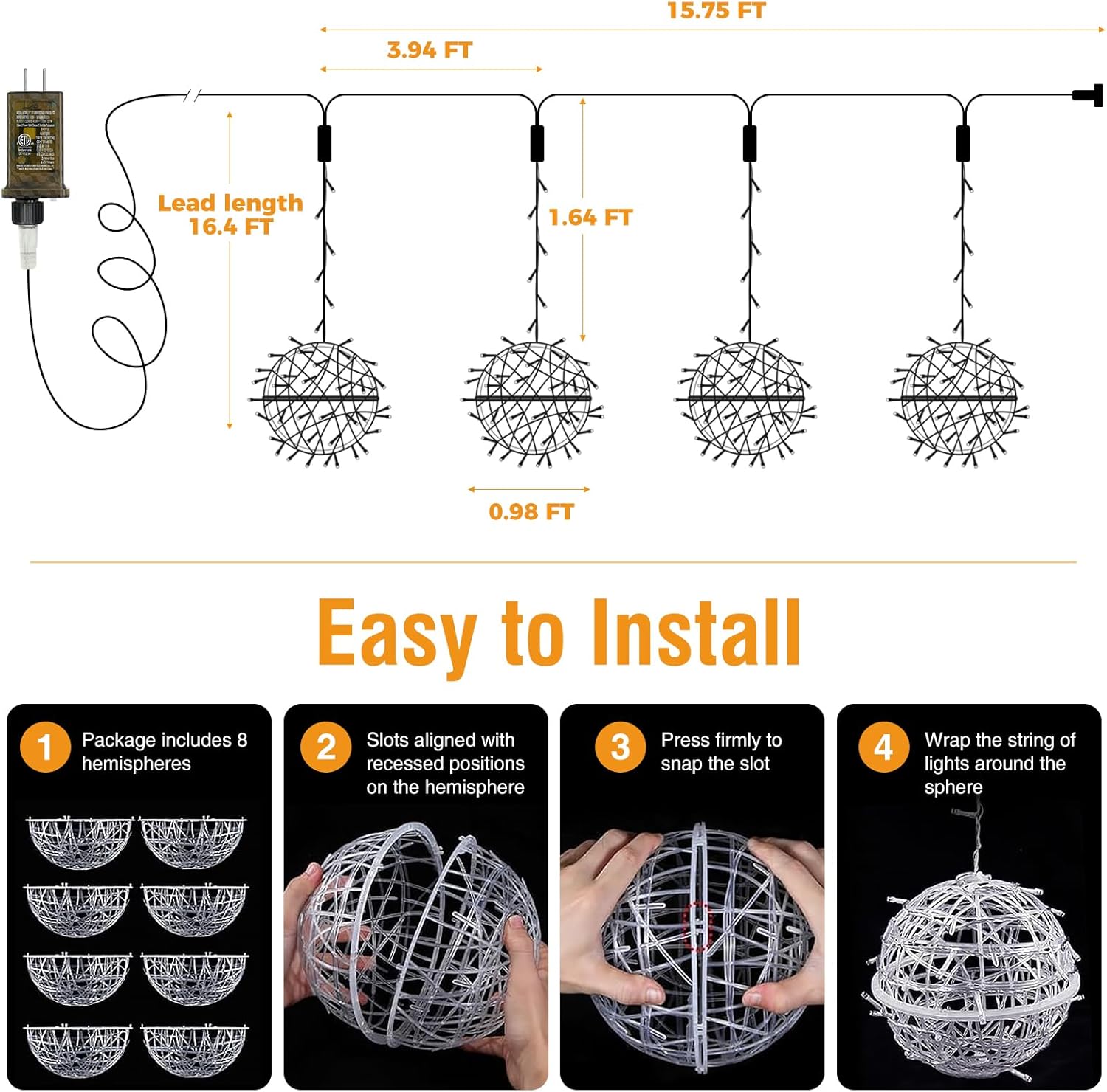 btfarm Color Changing Christmas Light Balls Outdoor with Remote & Timer, 4 Pack 11.81" Lighted Spheres Outside Hanging, 11 Mode Globe Lights with Plug for Trees Yard Garden Porch Patio Indoor Decor