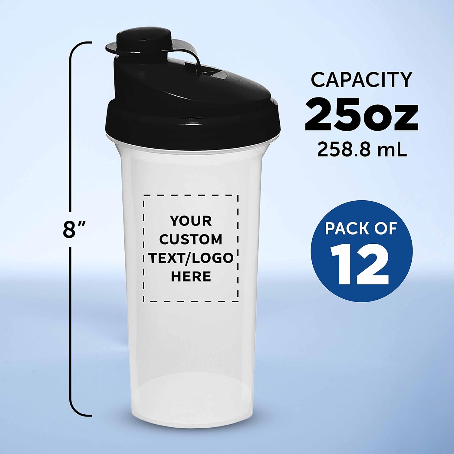 DISCOUNT PROMOS Custom Plastic Shaker Bottles 25 oz. Set of 12, Personalized Bulk Pack - Protein Mixer Cup with Flip Top Lid, BPA Free - Black