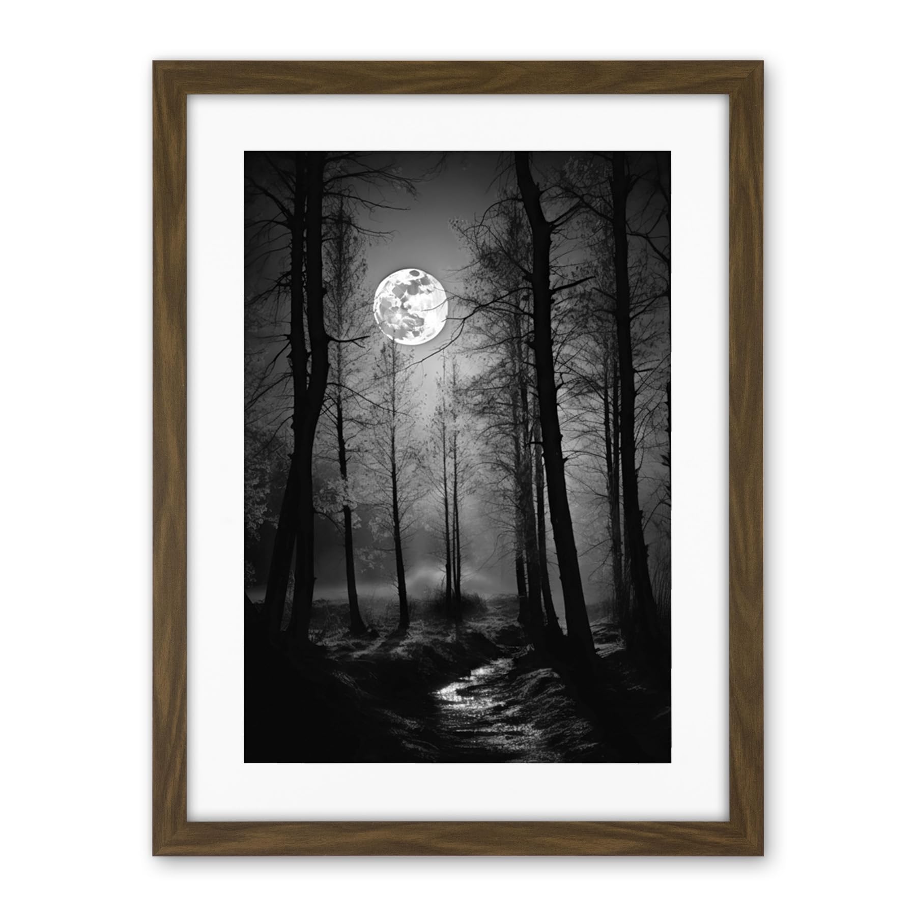 Artery8 Full Moon Over Misty Forest Black and White Photo Artwork Framed Wall Art Print 18X24 Inch