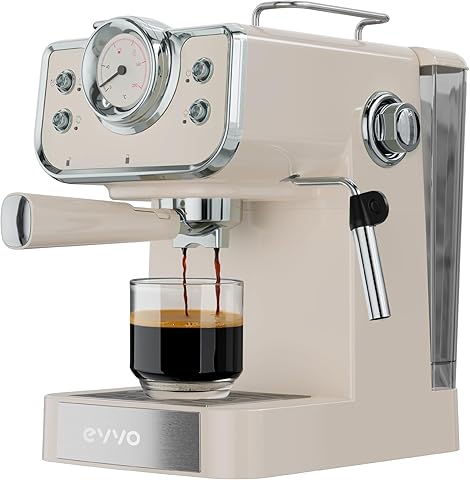 EVVO Cafetera Espresso Intensa Retro Beige - Cafetera Espresso, 15 Bares, 950W, Acero Inoxidable, Brazo Doble, Termo Block, Precalentado Rápido, 1.5L, Vaporizador, Portafiltros