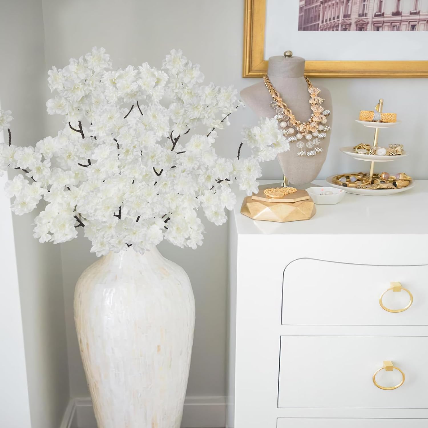 2 Pcs Artificial Cherry Blossom Flowers Branches 41" Faux Cherry Blossom Long Stem White Silk Cherry Blossom Tree Tall Fake Flower Arrangement for Home Wedding Centerpieces Spring Indoor Decor - Image 5