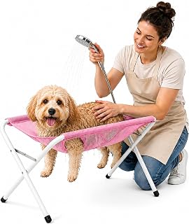 Dog Bath Hammock, Foldable Pet Grooming Hammock，Pink | for Dogs and Cats, Breathable Polyester Grooming Sling, Portable Pet Washing Station