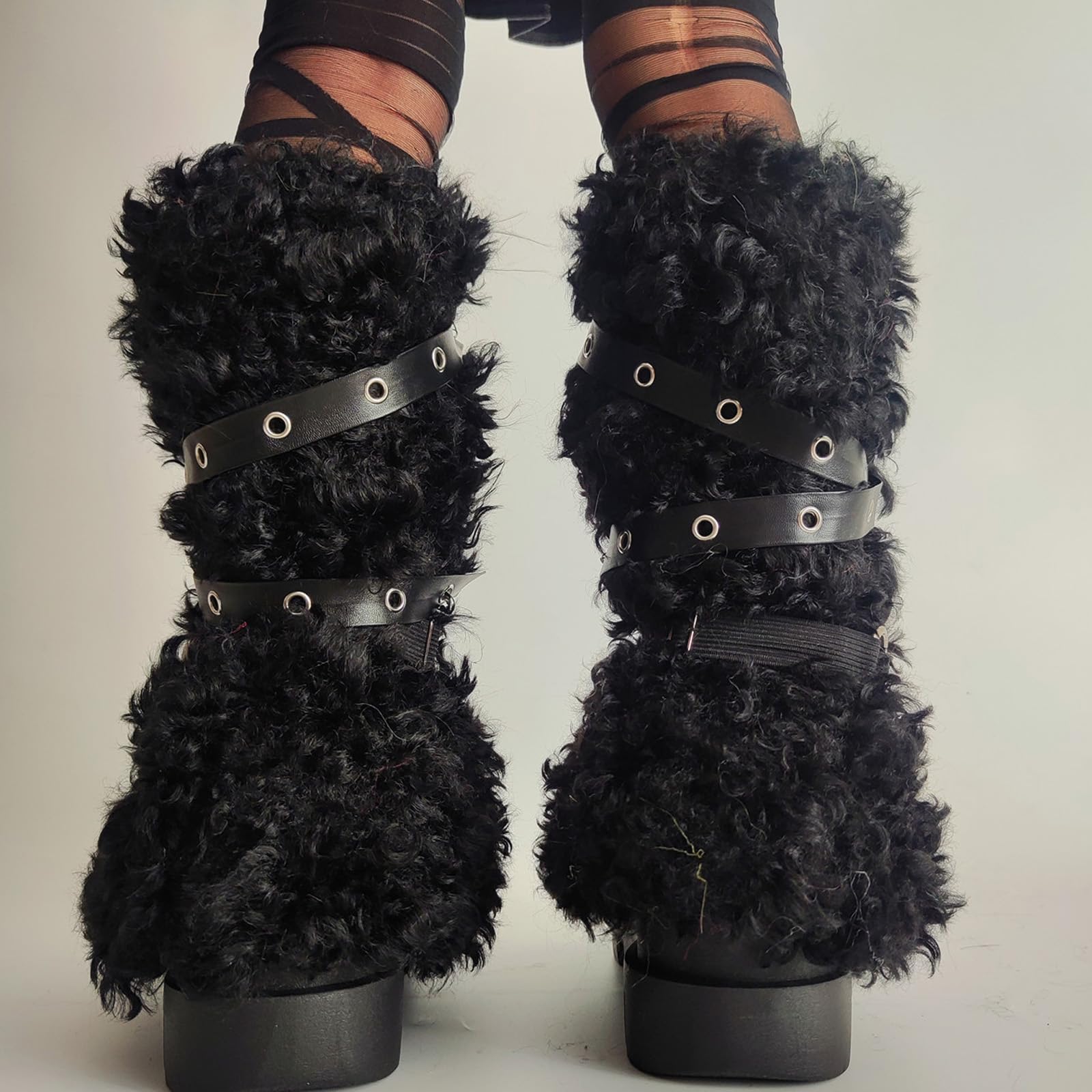 Calentadores de piernas de piel sintética para mujer, remache punk, arnés de piernas, mullido, fundas de botas de nieve, calcetines para fiestas e informales