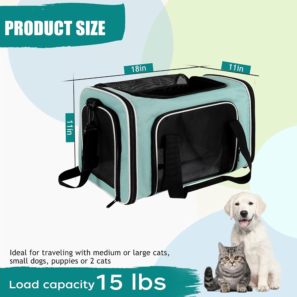 Cat, Dog Carrier for Small Medium Pet Carriers Up to15Lbs, Cats Carrier Soft- Sided Puppy Dogs Bag Portable Foldable Airline Approved Carrier Travel (Green 18 * 11 * 11) 18.0"L x 11.0"W x 11.0"H Green image 1