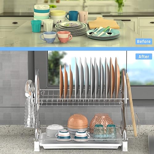 Miniatura 6 de Escurridor de platos, escurridor de platos de 2 niveles con soporte para utensilios, soporte para tabla de cortar y escurridor de platos para