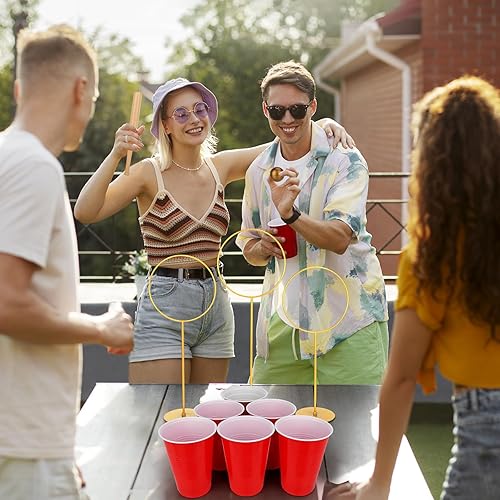 Miniatura 6 de Juego de pong de bebidas para fiestas con 3 postes grandes de portería para interiores y exteriores, juego de lanzamiento de copas, juegos para