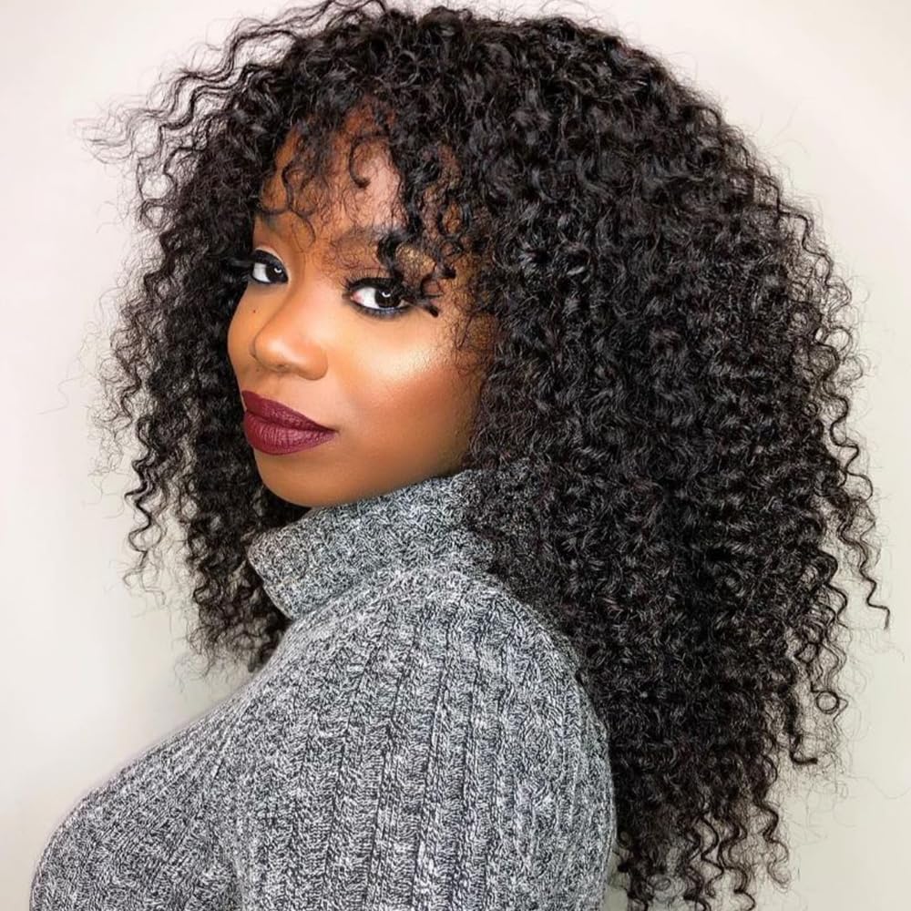 BLY Kinky Curly Half Wig Human Hair with Bangs Glueless Wear and Go 3 In 1 Flip Over Wig for Women Beginner Friendly Natural Look Scalp Top 180