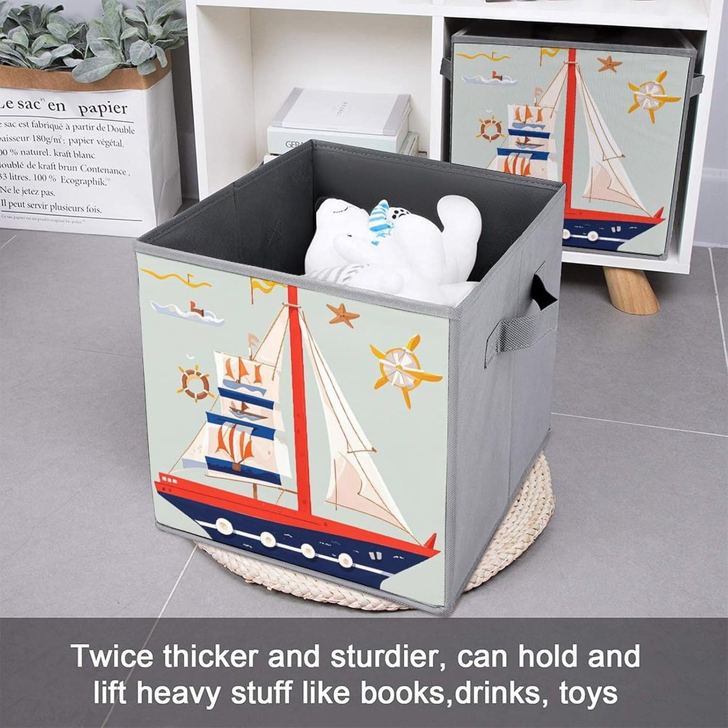 Cartoon Sailing Boat Foldable Storage Box with Handles, Durable Oxford Storage Cubes, 2PCS Collapsible Closet Organizer for Home, Shelf, Office, Travel