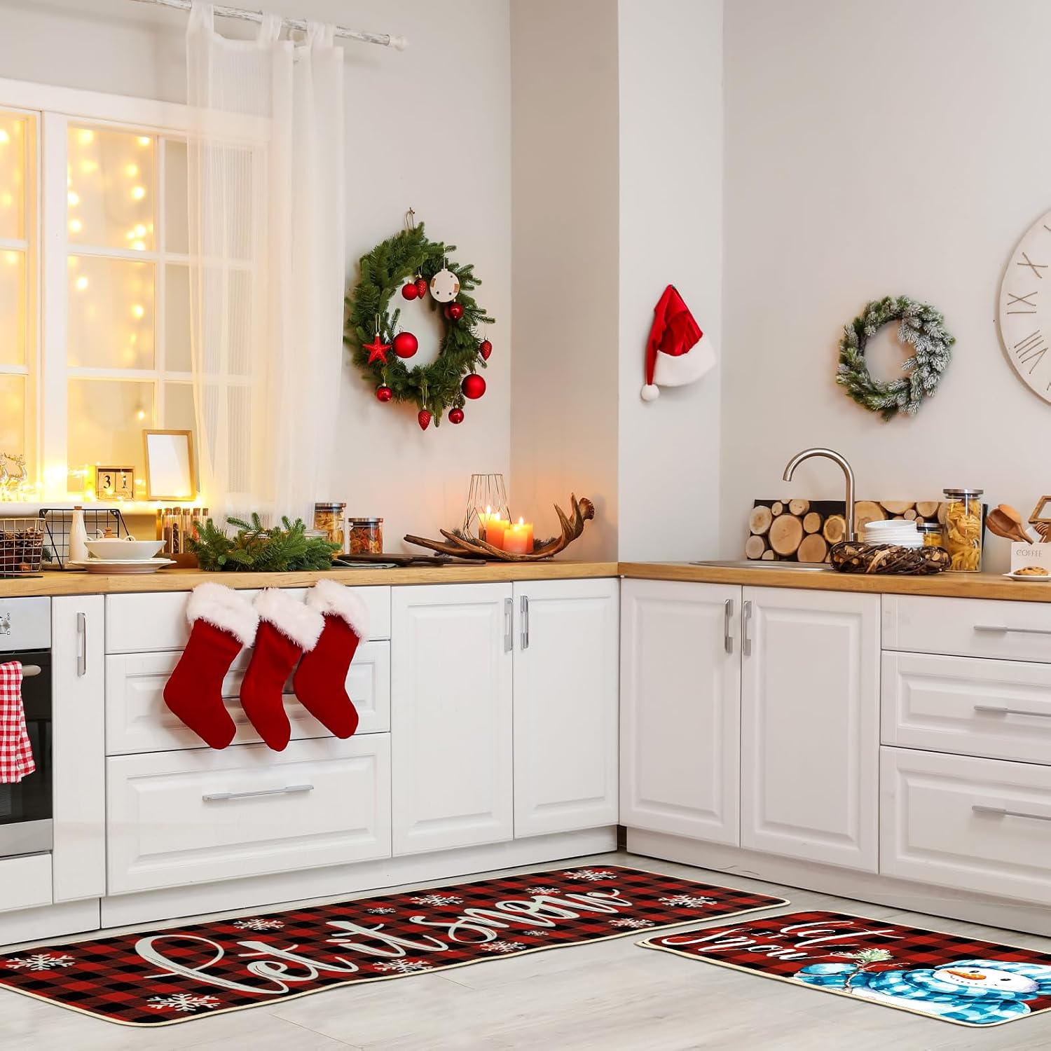 Ceenna 5 Pcs Merry Christmas Kitchen Bathroom Rugs Set Red Black Non Slip Buffalo Plaid Snow Snowman Snowflakes Christmas Rugs Xmas Kitchen Bathroom Decor Winter Door Mat Outdoor for Home