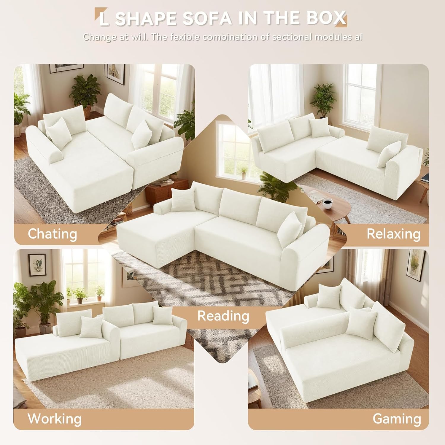 Modular Sectional Sofa with Chaise, Cloud Sectional Couch with Deep Seat, Modular L-Shape Sofa Corduroy Boneless Couch for Living Room,Bedroom,No Assembly Required(Beige, Left Facing Chaise)