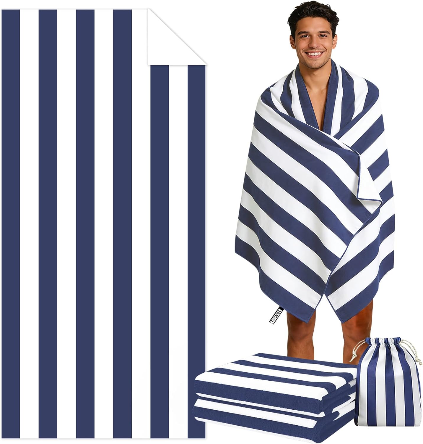 GOUTO 2 Pack Oversized Beach Towel, 71'' x 39'' Quick Dry Absorbent Pool Swim Bath Towels for Adult Man Woman, Sandproof Lightweight Striped Microfiber Beach Towel, Pink + Blue