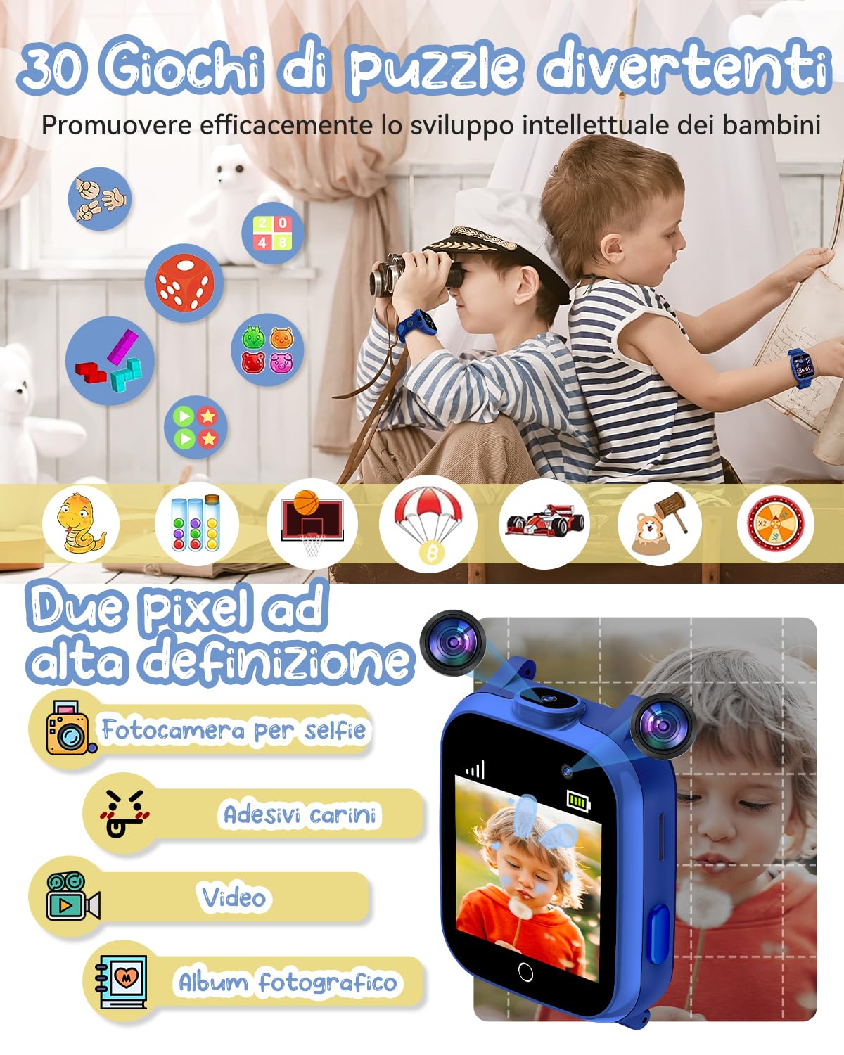 PIULAXIU Smartwatch per Bambini - Orologio Intelligente per Bambini con Telefono, 13 Sveglie per Abitudini, Audiolibri, 30 Giochi, SOS, Modalità Scuola, Fotocamera, Regalo per Ragazzi e Ragazze (Blu)