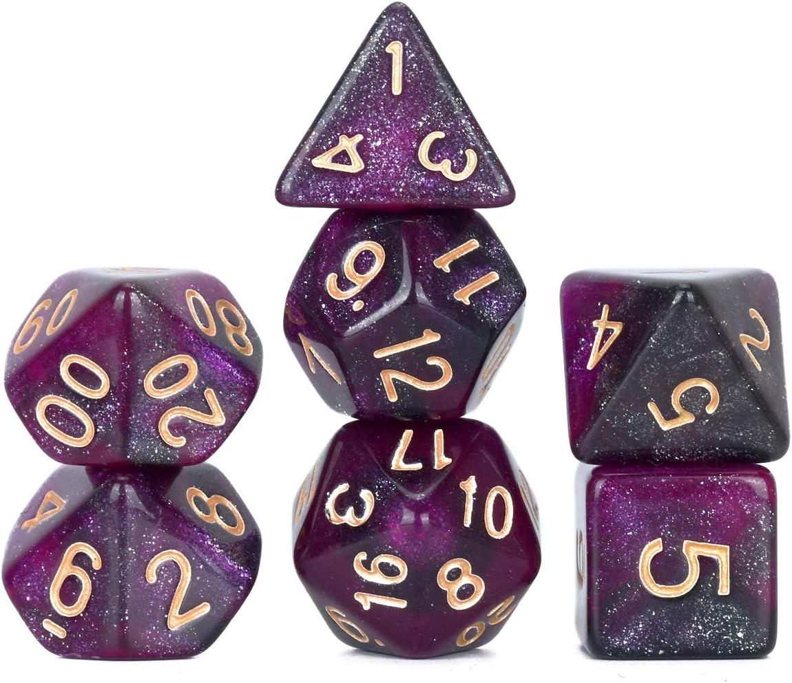 FLASHOWL Polyhedral Dice DND Dice Starry Sky Dices Milky Way Dice Games Table Games Dice Set D20, D12, D10, D8, D6, D4 and DND RPG MTG Dice Gaming Dice(7 Pieces Purple Black)
