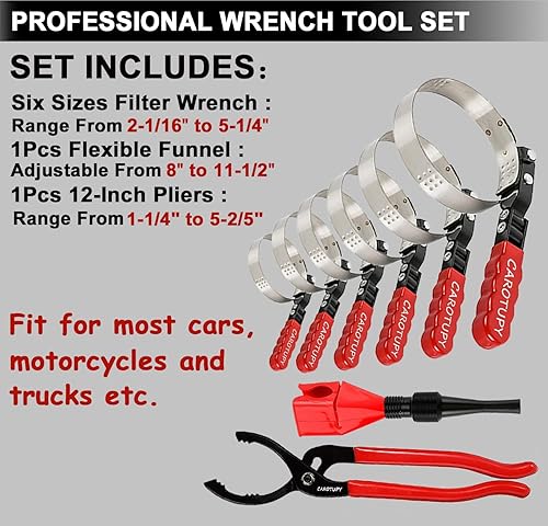 Miniatura 2 de Juego de 8 llaves de filtro de aceite, alicates de filtro de aceite ajustables de 12 pulgadas con embudo de aceite flexible, herramienta de