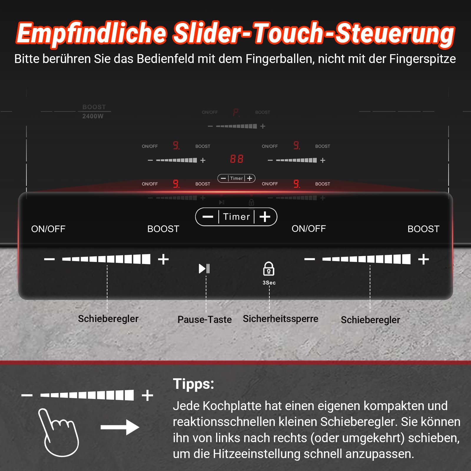 AMZCHEF Induktionskochfeld 80cm, 5 Zonen, 9500W, Booster, Slider-Steuerung