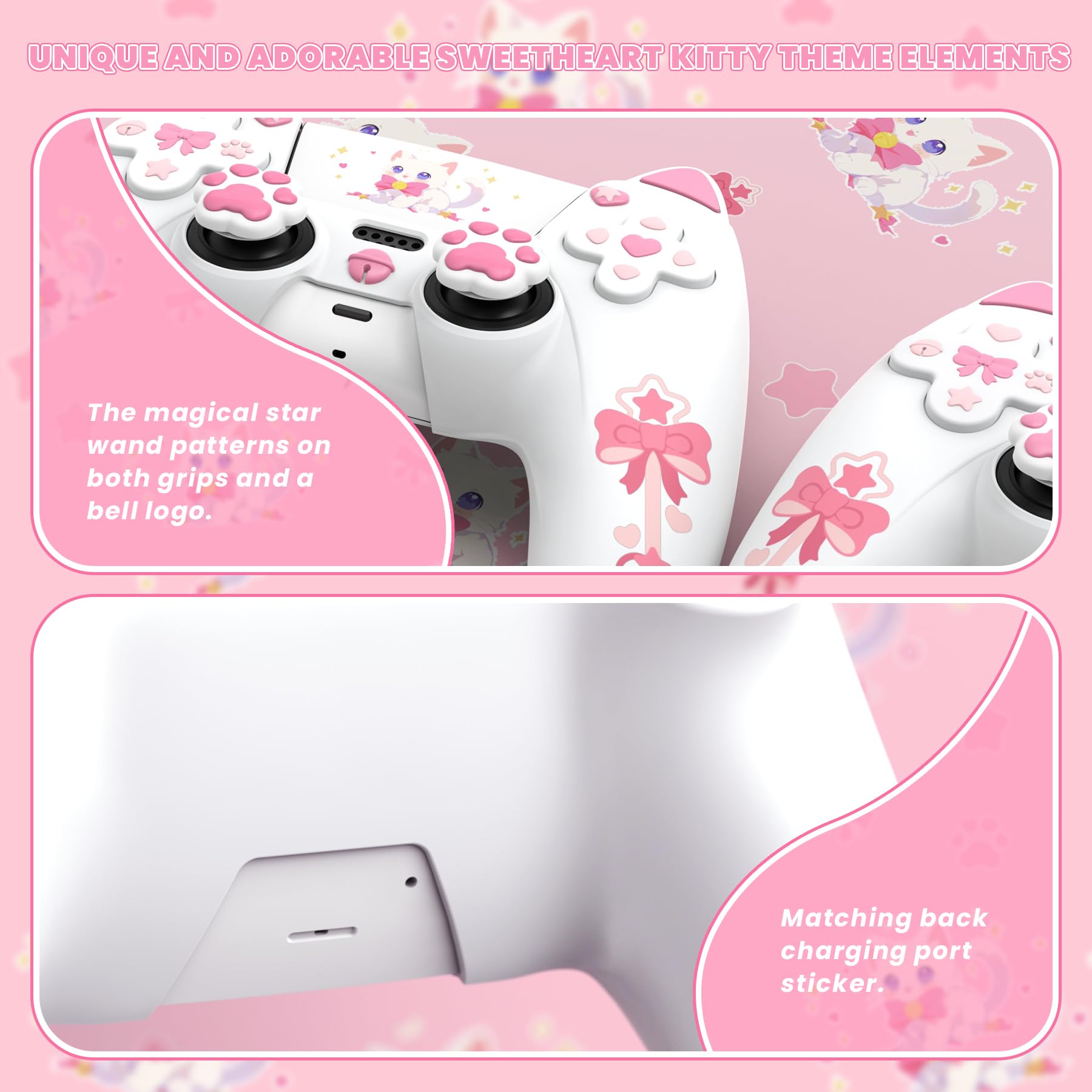 PlayVital Cover Joystick per ps5 Controller,Skin Silicone Antiscivolo&6 Copri Analogici&Adesivi,Custodia per ps5 Joypad-Compatibile con Base di Ricarica-Gattino Carino,Bianco