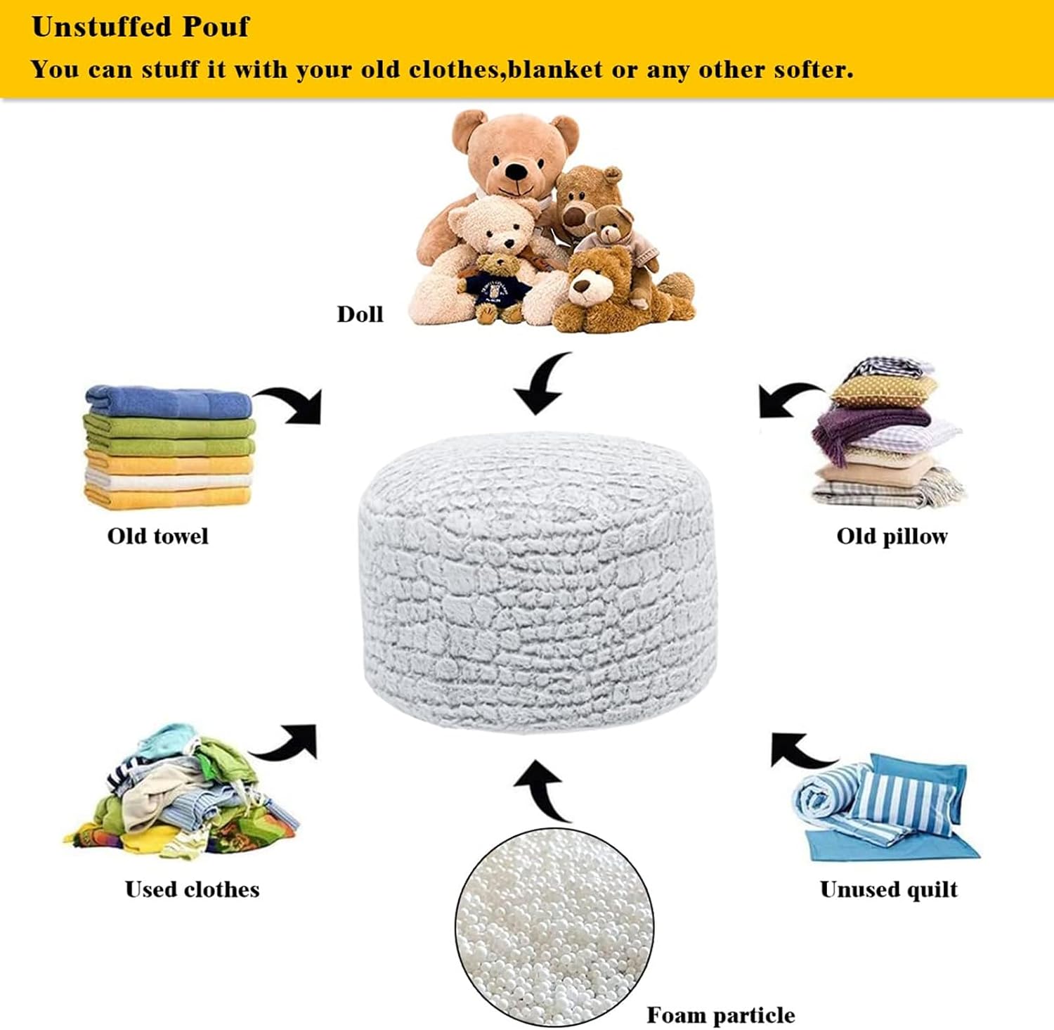 Asuprui Pouf Ottoman Unstuffed Floor Poof Seat Pouf Ottoman Foot Rest Soft Foot Stool 20x20x12 Inches Fuzzy Chair Floor Chair Foot Rest with Storage for Living Room Bedroom Snow Gray