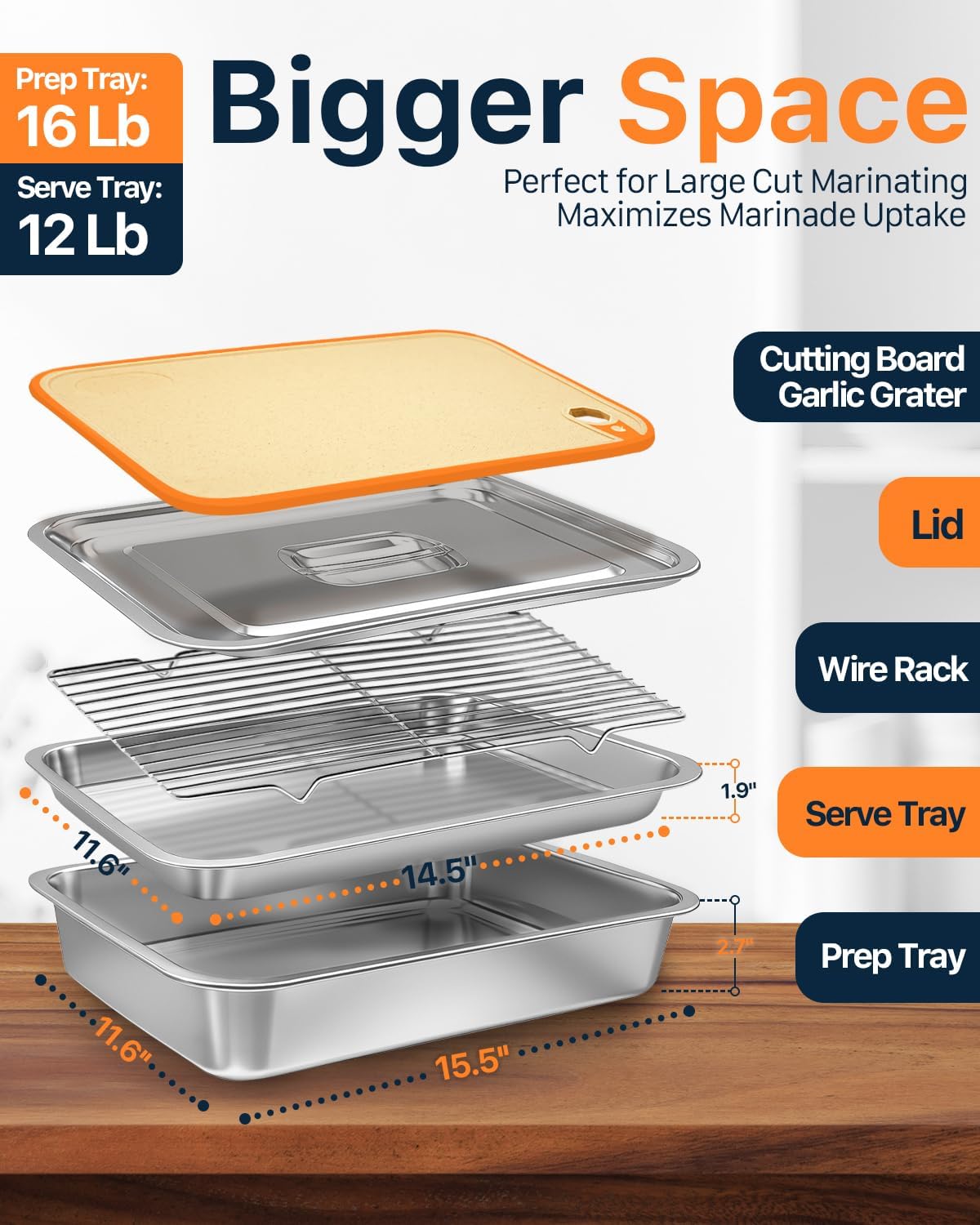 Grilling Prep and Serve Trays with Lid, Stainless Steel Extra Large Grill Carry System, Deep Marinating Container with Cutting Board for BBQ Outdoor Grilling