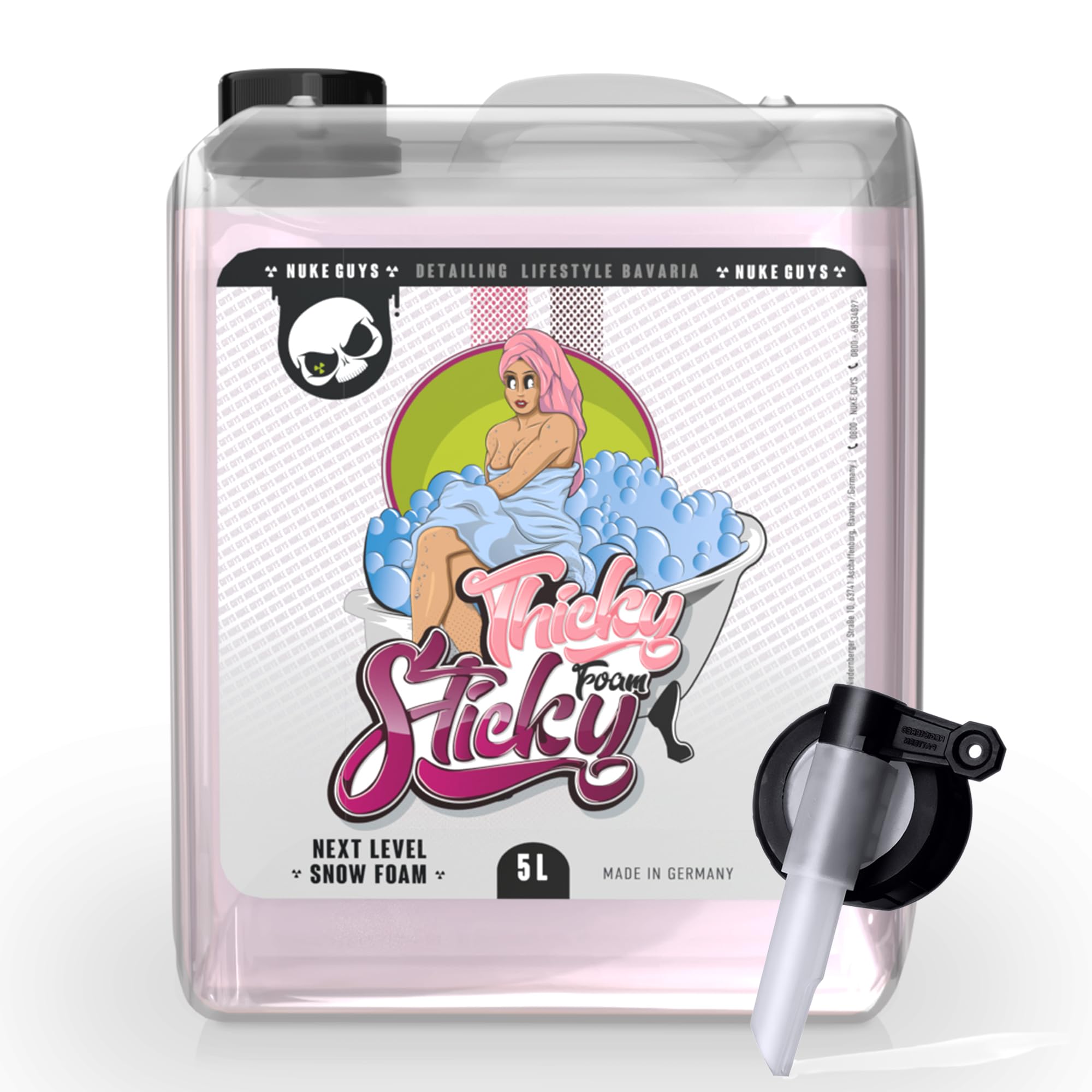 Nuke Guys Thicky Sticky - Snow Foam - pH-neutral, 5L Konzentrat - mit passendem Ausgießhahn - für Pump Sprüher, Schaumlanze, für Folien und matte Lacke geeignet, für dicken Schaum bei der Vorwäsche