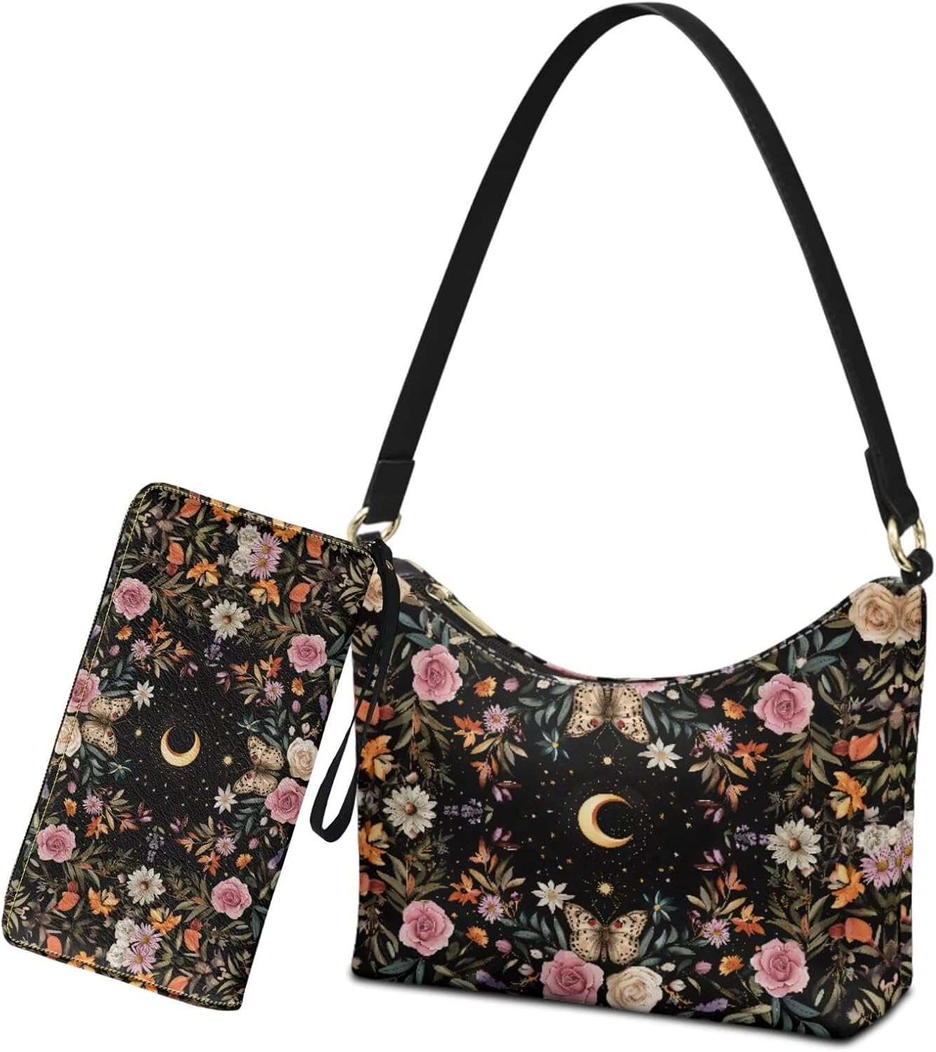 2Pcs Shoulder Bag Set with Wallet for Women, Leather Underarm Purse with Wristlet Wallet, Hobo Sling Tote