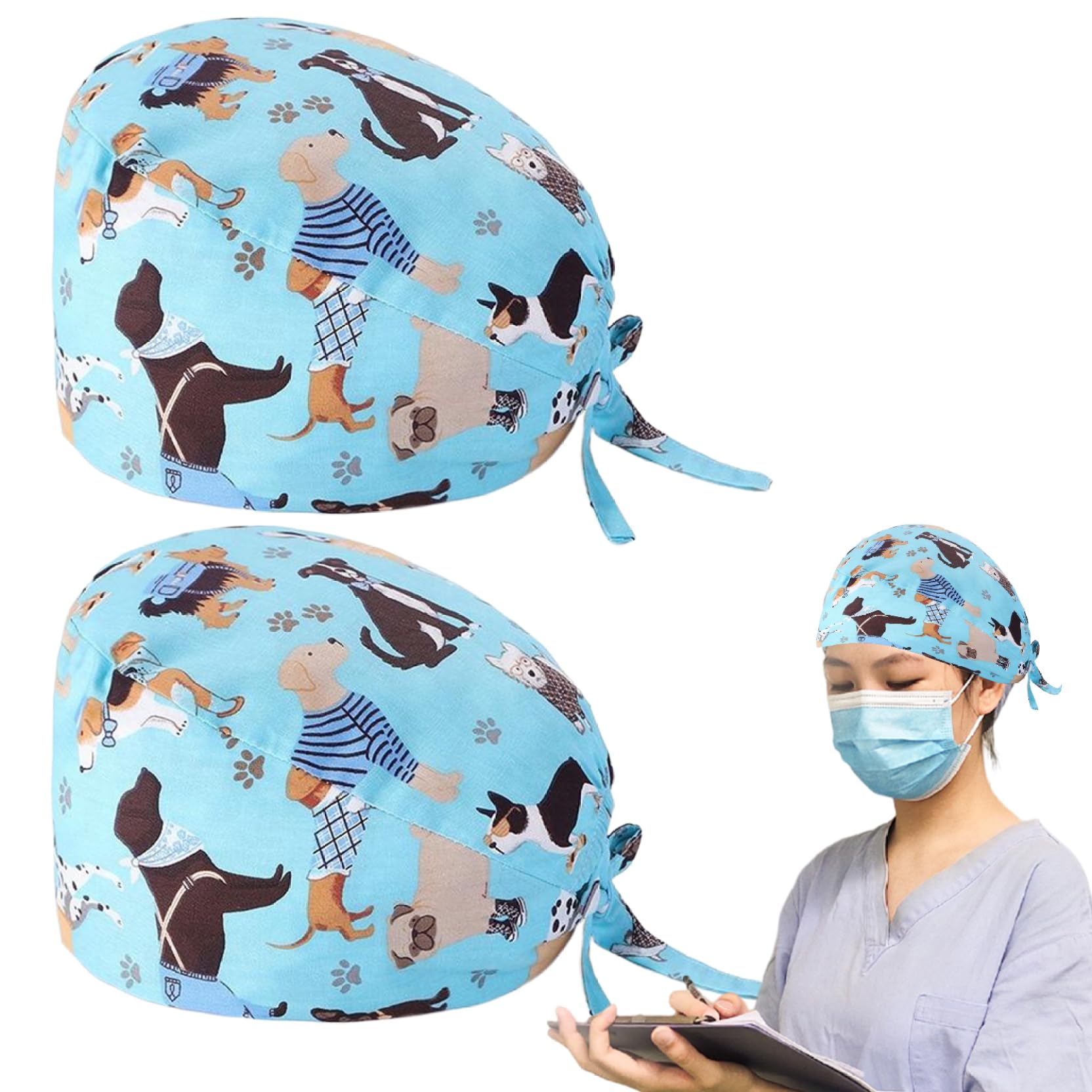 Bemonew Scrub Caps 2Pcs Nurse Hat Sweat Absorbent Scrub Caps One Size Adjustable Tie Back Surgical Cap with Elastic Band & Sweatband Cotton Nursing for Men Women