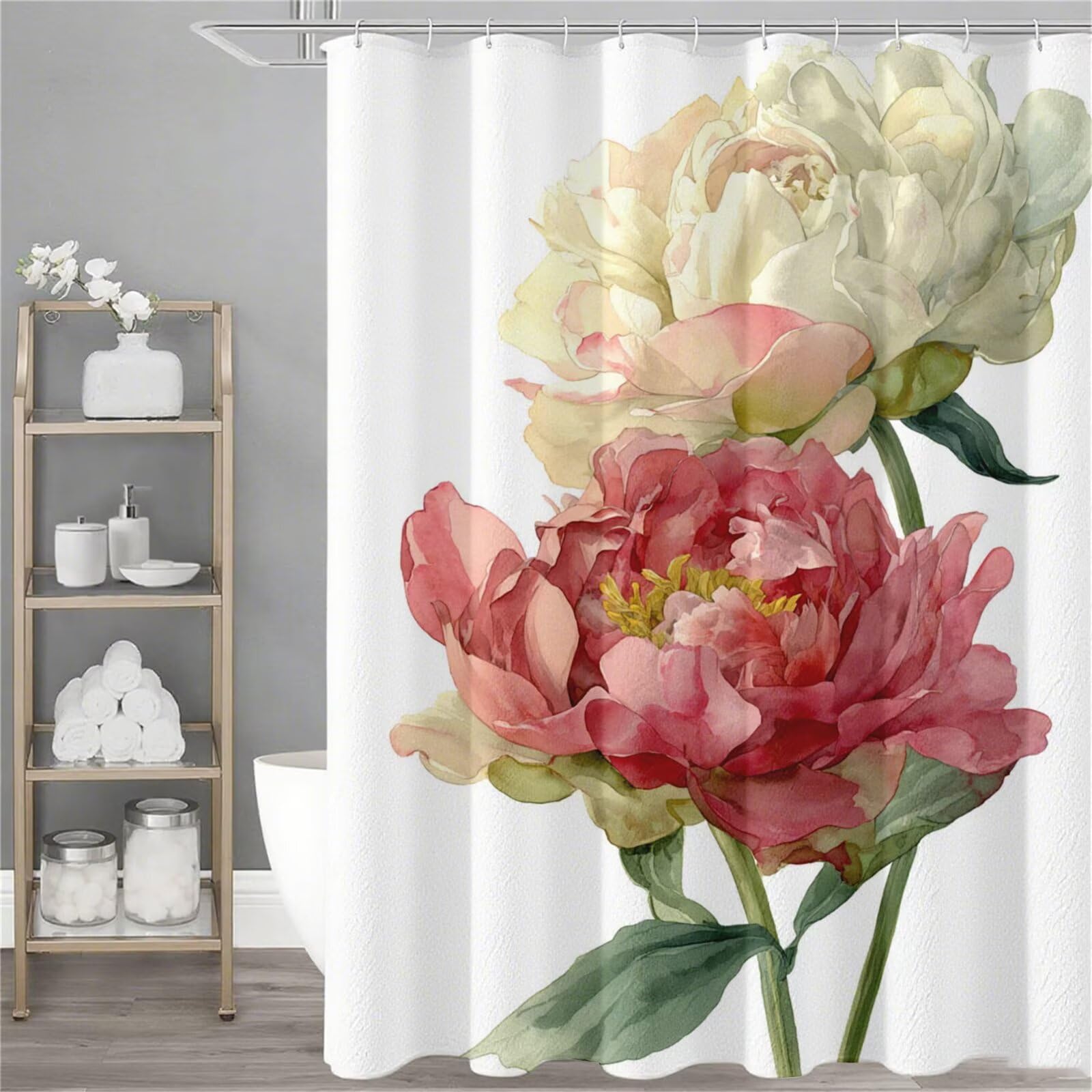 Rideau de douche rose pivoine 150x180cm avec 12 crochets