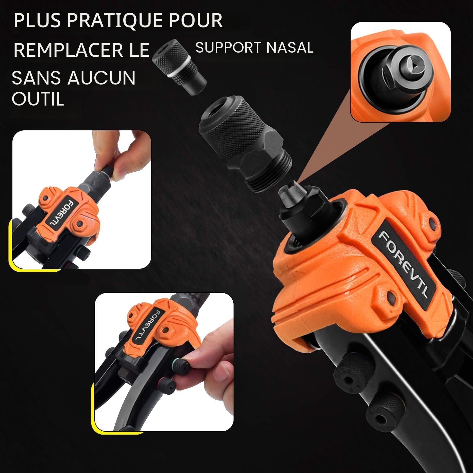 Pince à riveter 26 cm avec levier renforcé – Riveteuse manuelle professionnelle 5en1 pour rivets aveugles Ø 2,4–6,4 mm – Inclus : 200 rivets & 5 embouts – Outil robuste pour métal & réparation
