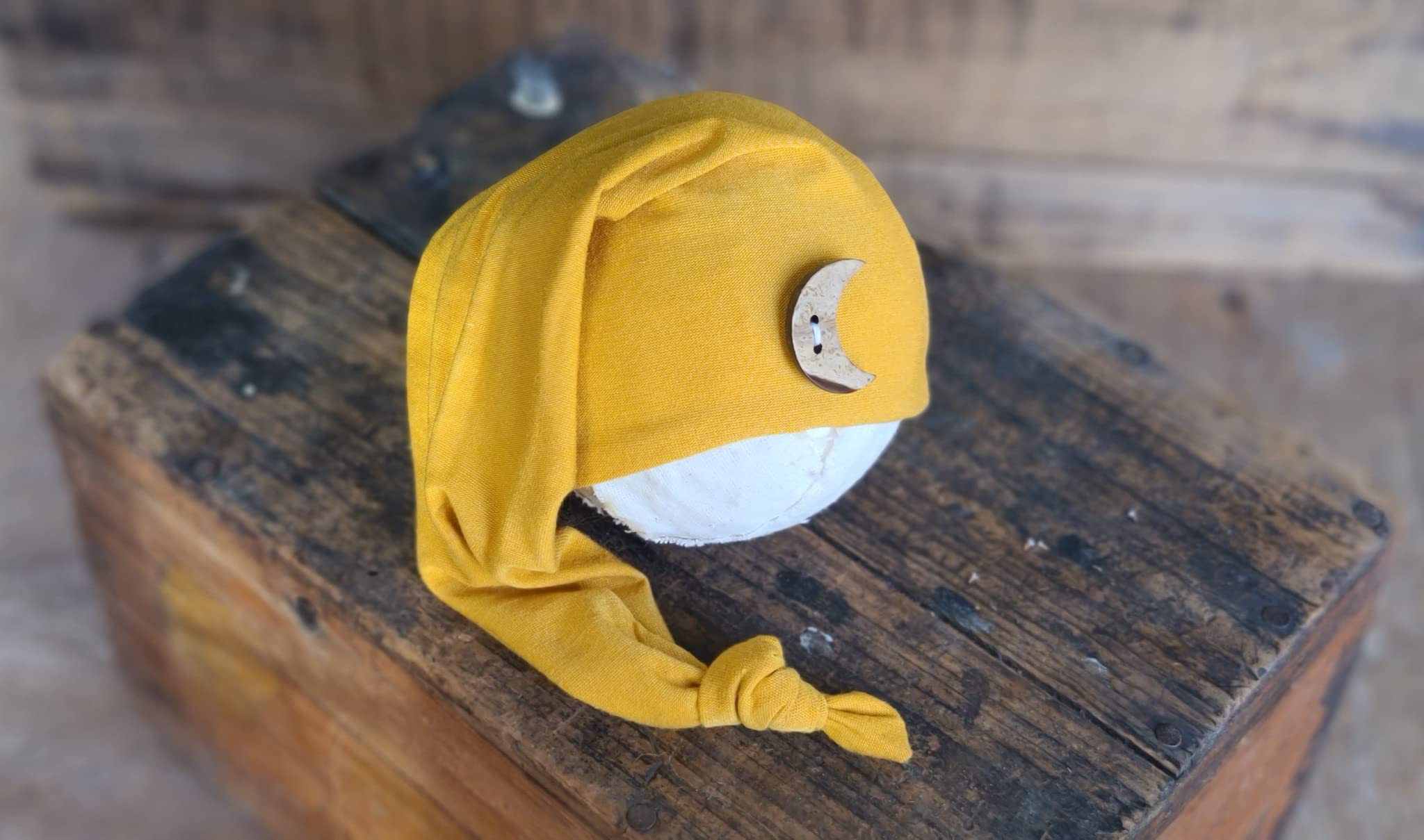 AMOS and SAWYER Knotted Sleeping Hat, Newborn Photography Prop (Newborn, Mustard - Moon Button)