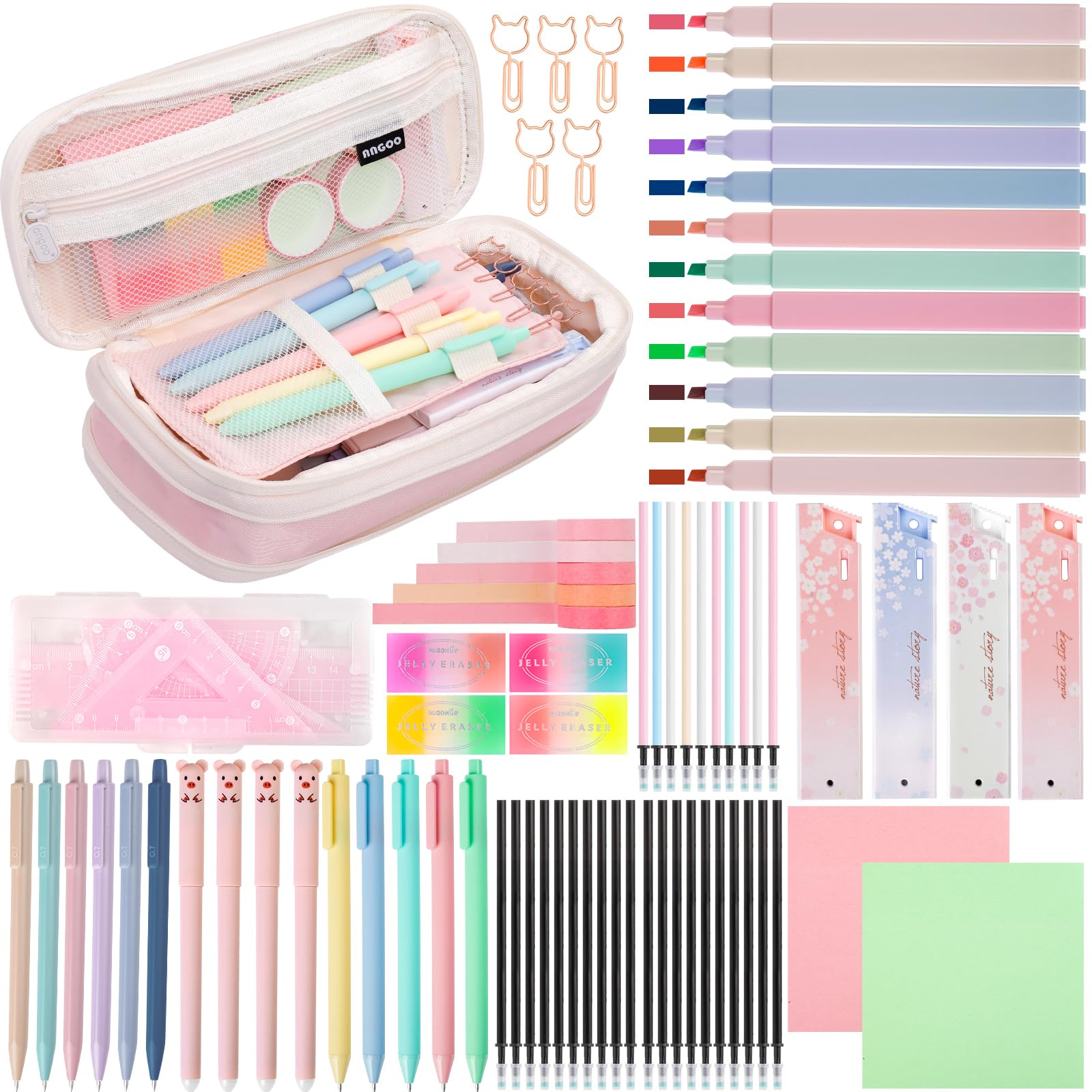 gyoyede 82pcs Aesthetic School Supplies Stationery Set including Pencil Case,Pastel Highlighters Gel Pens Mechanical Pencils 0.5 & 0.7mm,Essentials Stationary Set for Students Back to School Supplies(Pink)