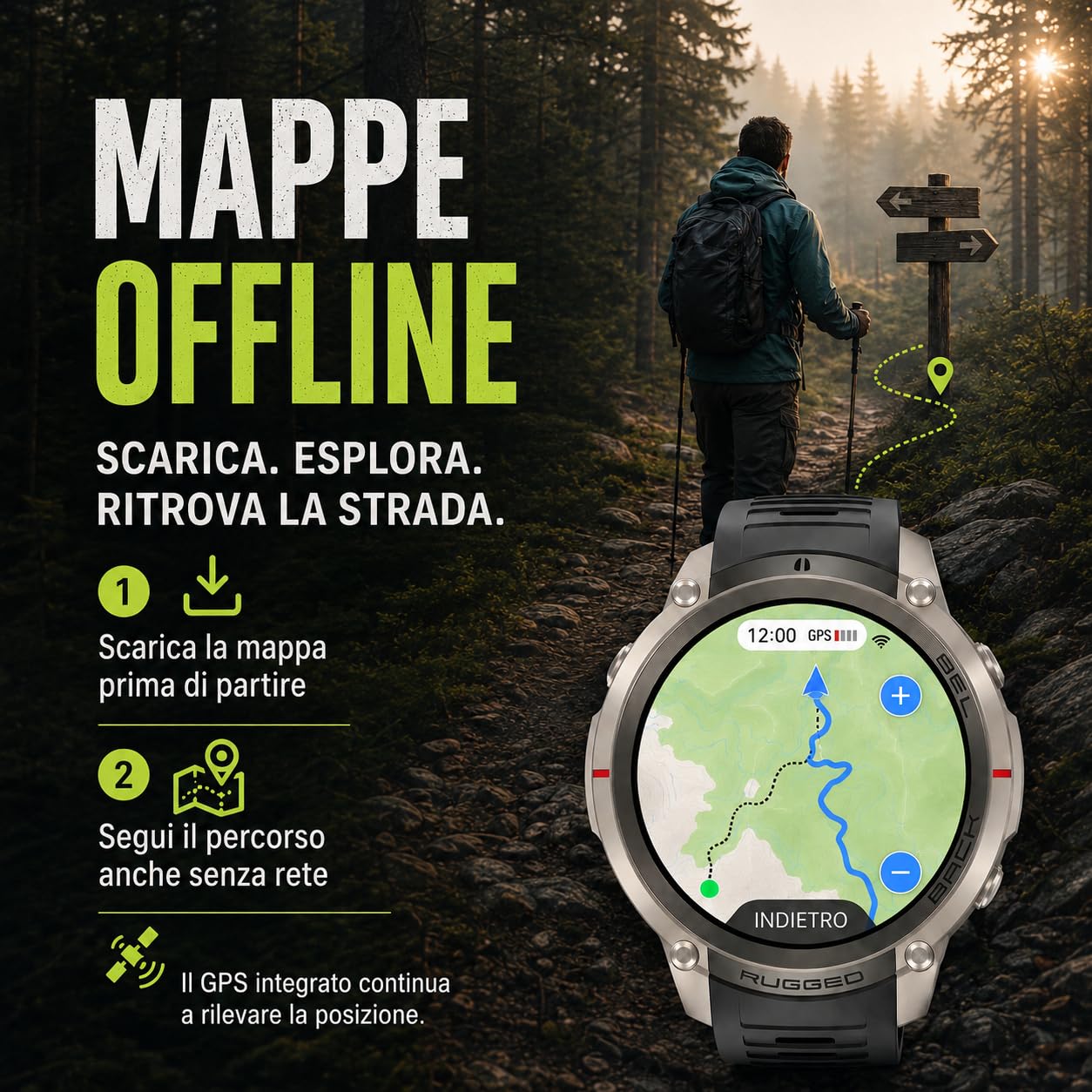 Reloj inteligente GPS con mapas fuera de línea, brújula, altímetro, tiempo – Reloj con pantalla AMOLED de 1,43 pulgadas, impermeable 50 m, monitor de corazón/oxígeno/presión, correa de gel de