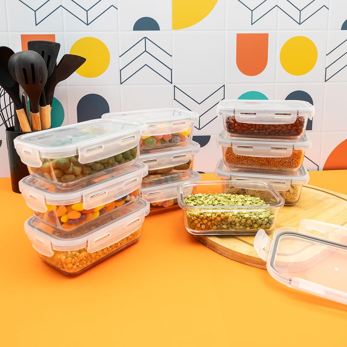 Mozcada - Kit 10 Potes de Vidro Marmita 600ml Hermético com Trava Retangular