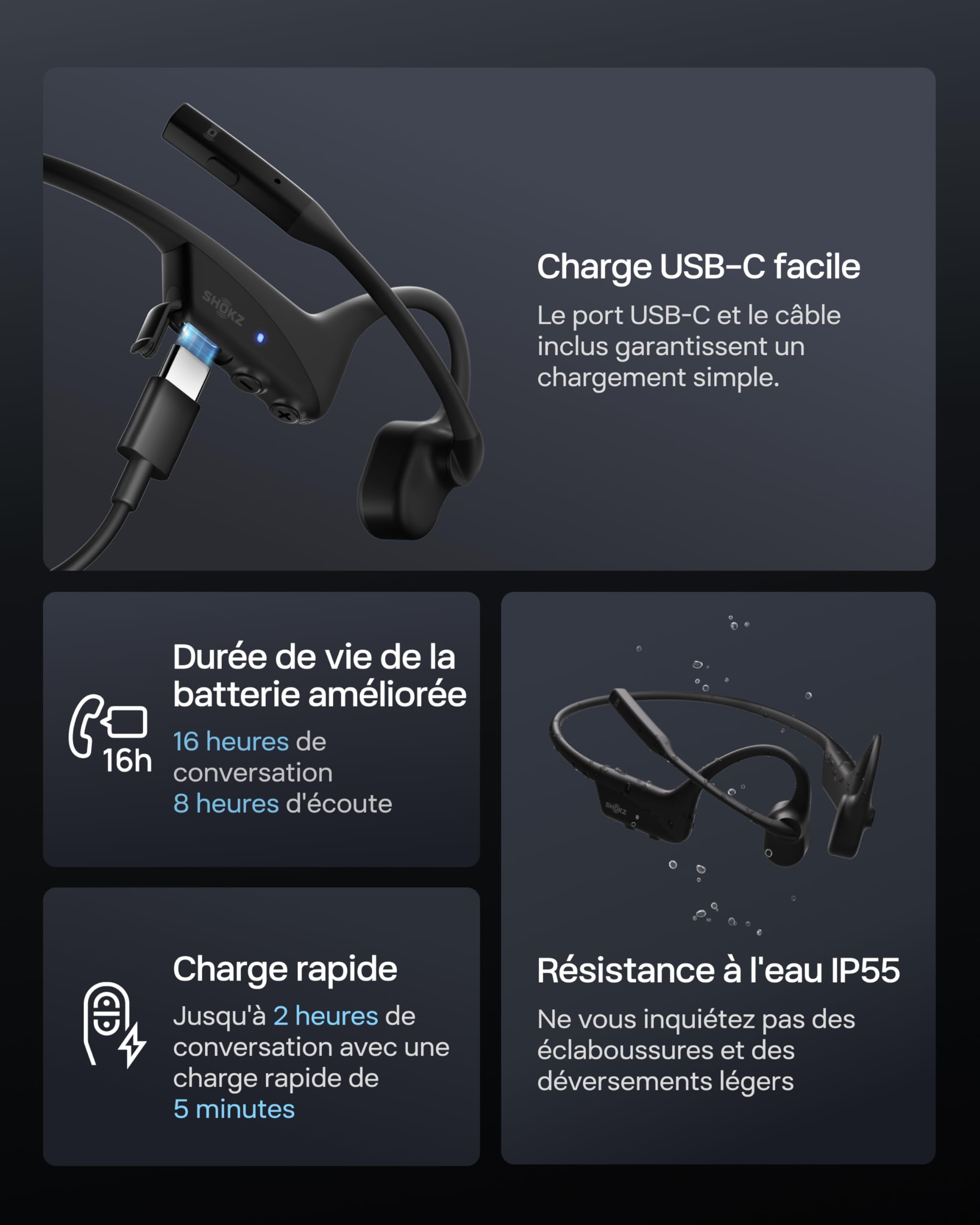 SHOKZ OpenComm2 2025 Upgrade Conduction osseuse, écouteurs Bluetooth Oreilles Libres avec Micro Anti-Bruit, écouteurs sans Fil pour Le Travail et Les appels, 16 Heures d'autonomie,Signet de, Noir