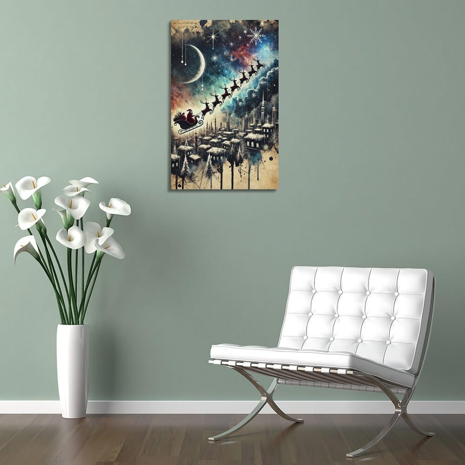 CWLLOG Stampe su tela da parete, poster natalizio con slitta interstellare sulla città, evidenziando festival di fantascienza, decorazione moderna per soggiorno e camera da letto, 60 x 90 cm