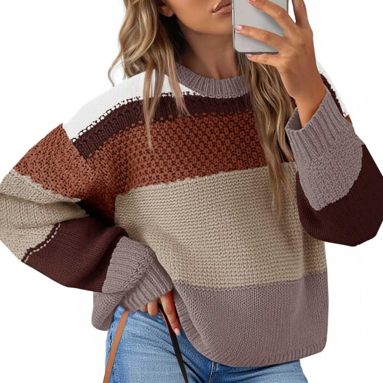 Color Block Sweater for Womens Oversized Striped Pullover Casual Soft Knit Top Fall Winter Fashion Outfits
