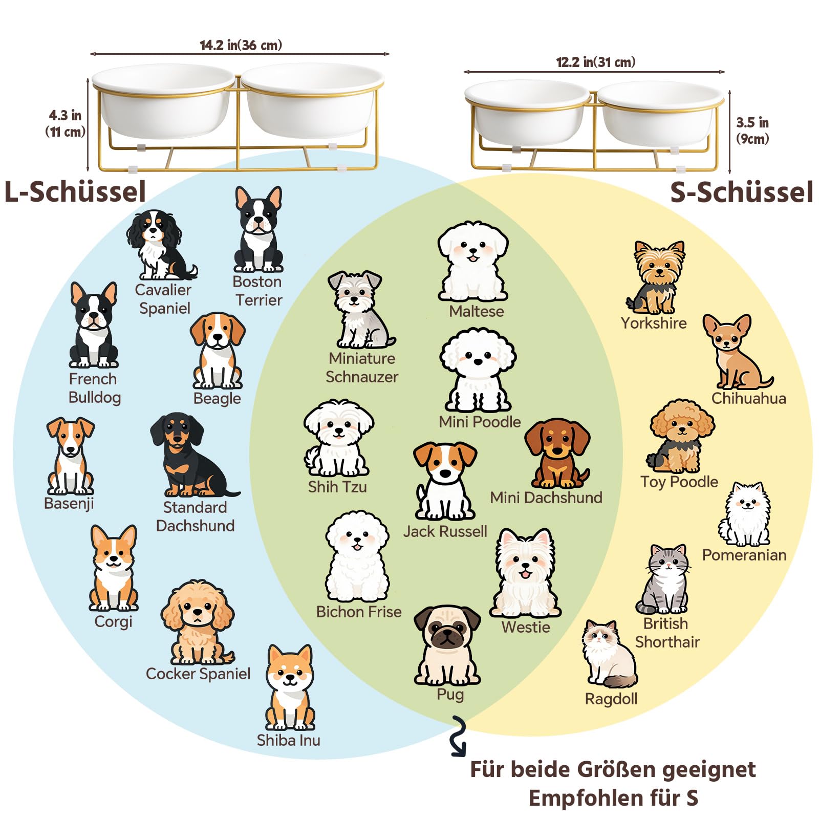 Erhöhtes Hundenapf-Set aus Keramik mit Metallständer - Doppelte Fressnäpfe für Kleine bis Mittelgroße Hunde - Ideal für Futter und Wasser - Je 600 ml / 320 g - Weiß