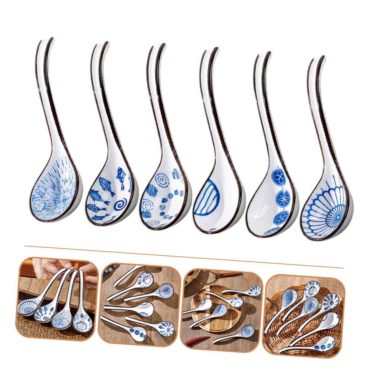 Cucharas de Sopa de Cerámica Azul y White, 6 Piezas