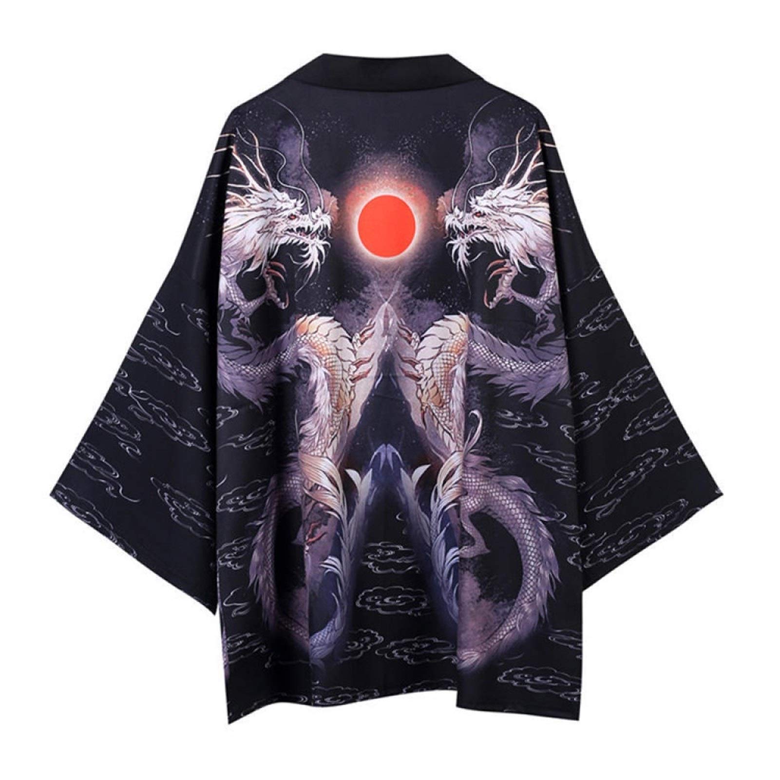 MakfacpTide Brand Ukiyo-e Dragon Robe Kimono Opening Youth Men And Women Loose Seven-point Sleeves Hanfu Jacket Makfacp (Color : Black, Size : M)