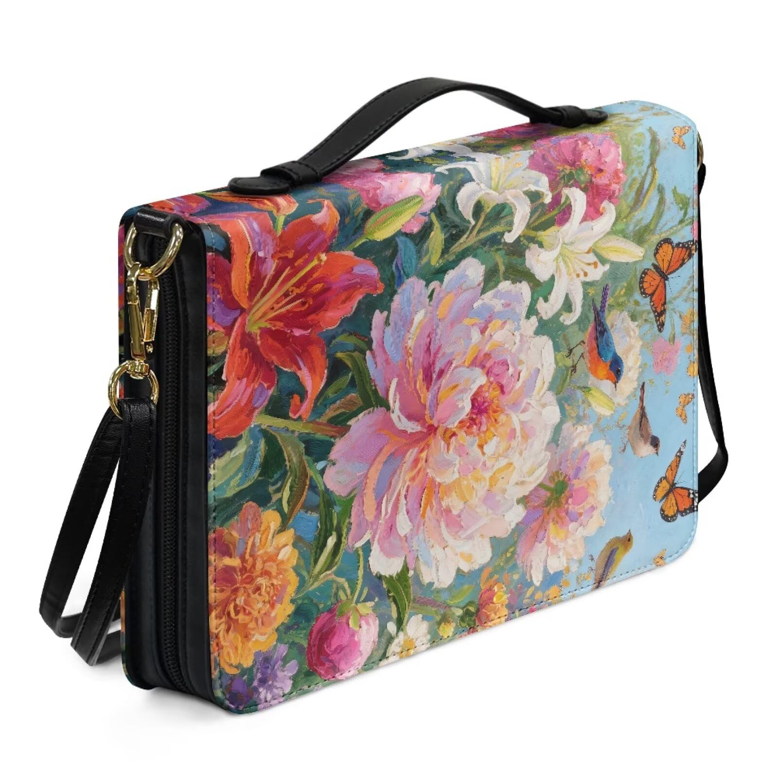 Kuiaobaty Painting Bird Flowers Bible Cover with Zipper Shoulder Strap, Vegan PU Leather Bible Protective Bag for Women, Church Case,2XL