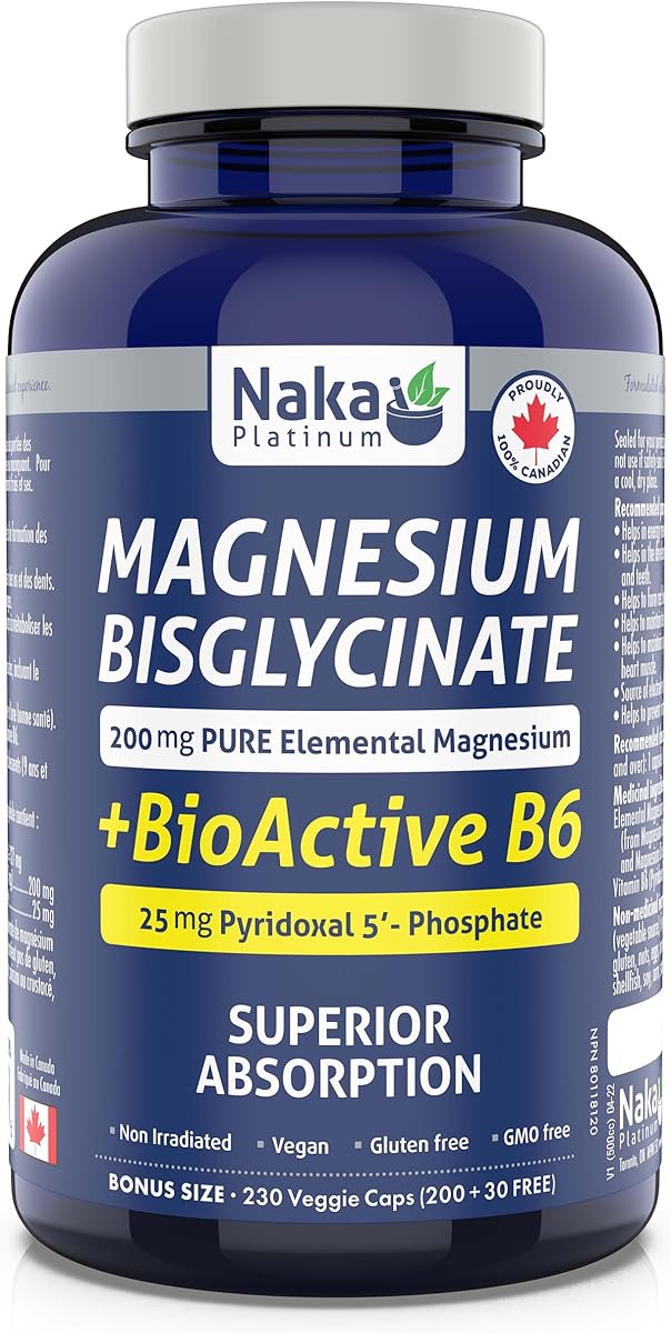 NAKA Naka Platinum Magnesium Bisglycinate (200mg PURE Elemental Magnesium) + BioActive B6 (25mg Pyridoxal 5' Phsphate), Made in Canada (230 vcaps)