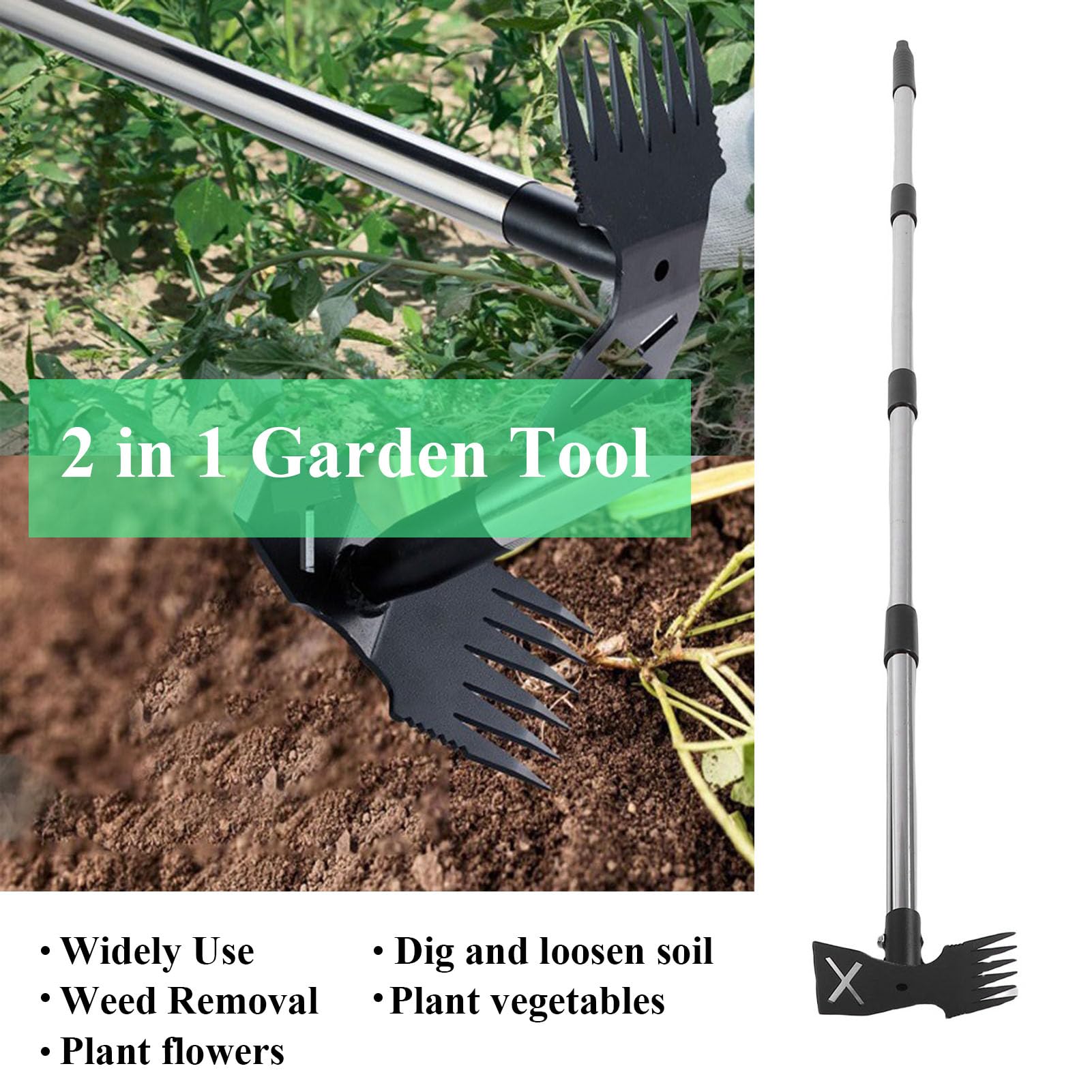 Unkrautstecher mit Langem Griff, 2 In 1 Hand Unkrautrechen, Gartenhacke, Zum Entwurzeln, Unkrautziehen, 60 Zoll Angepasster Unkrautrechen für Hof, Rasen, Garten