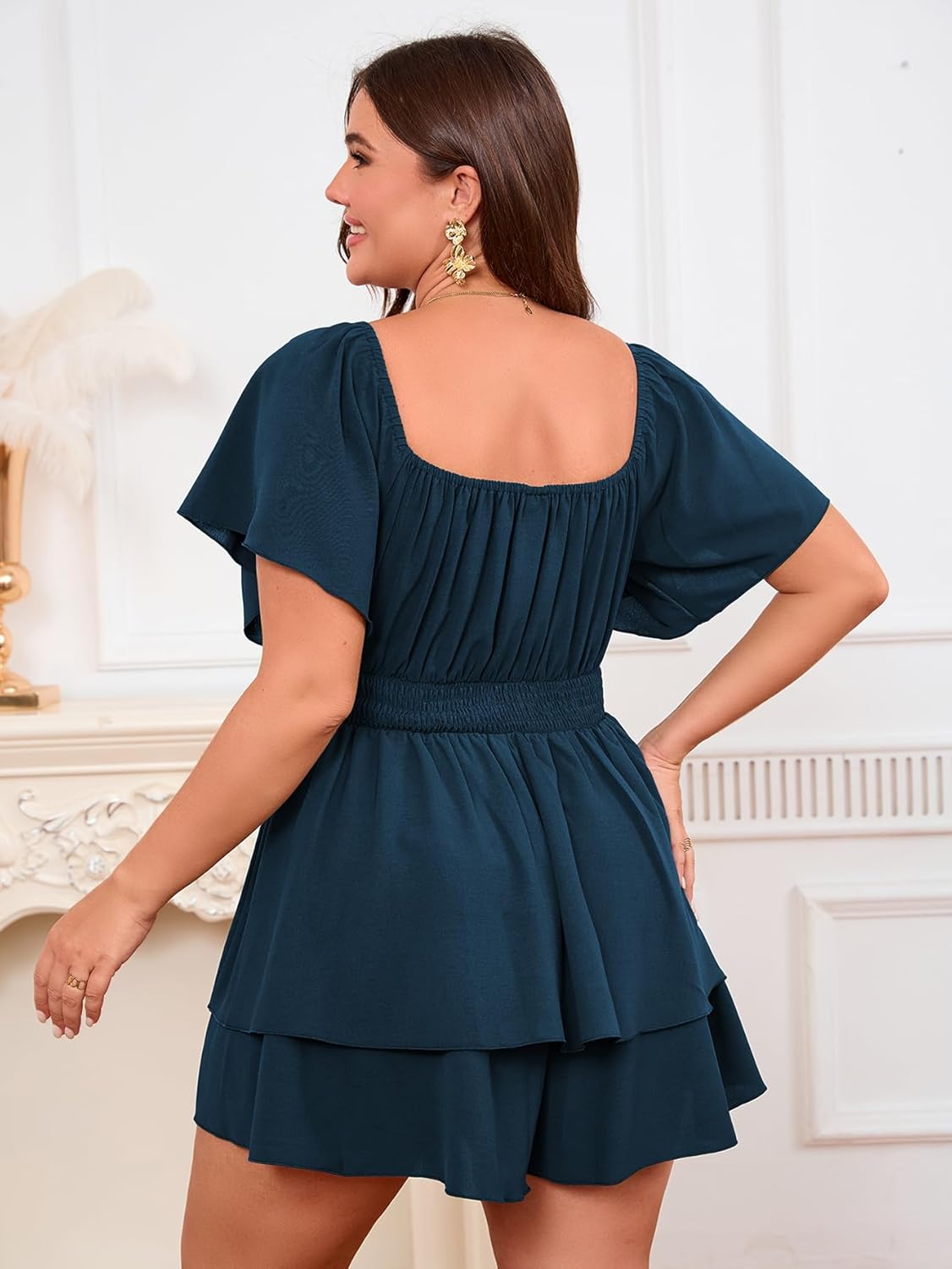 SCOMCHIC Women Plus Size Romper Dress Summer Square Neck A Line High Waist Ruffle Tiered Boho Short Jumpsuits - Image 6