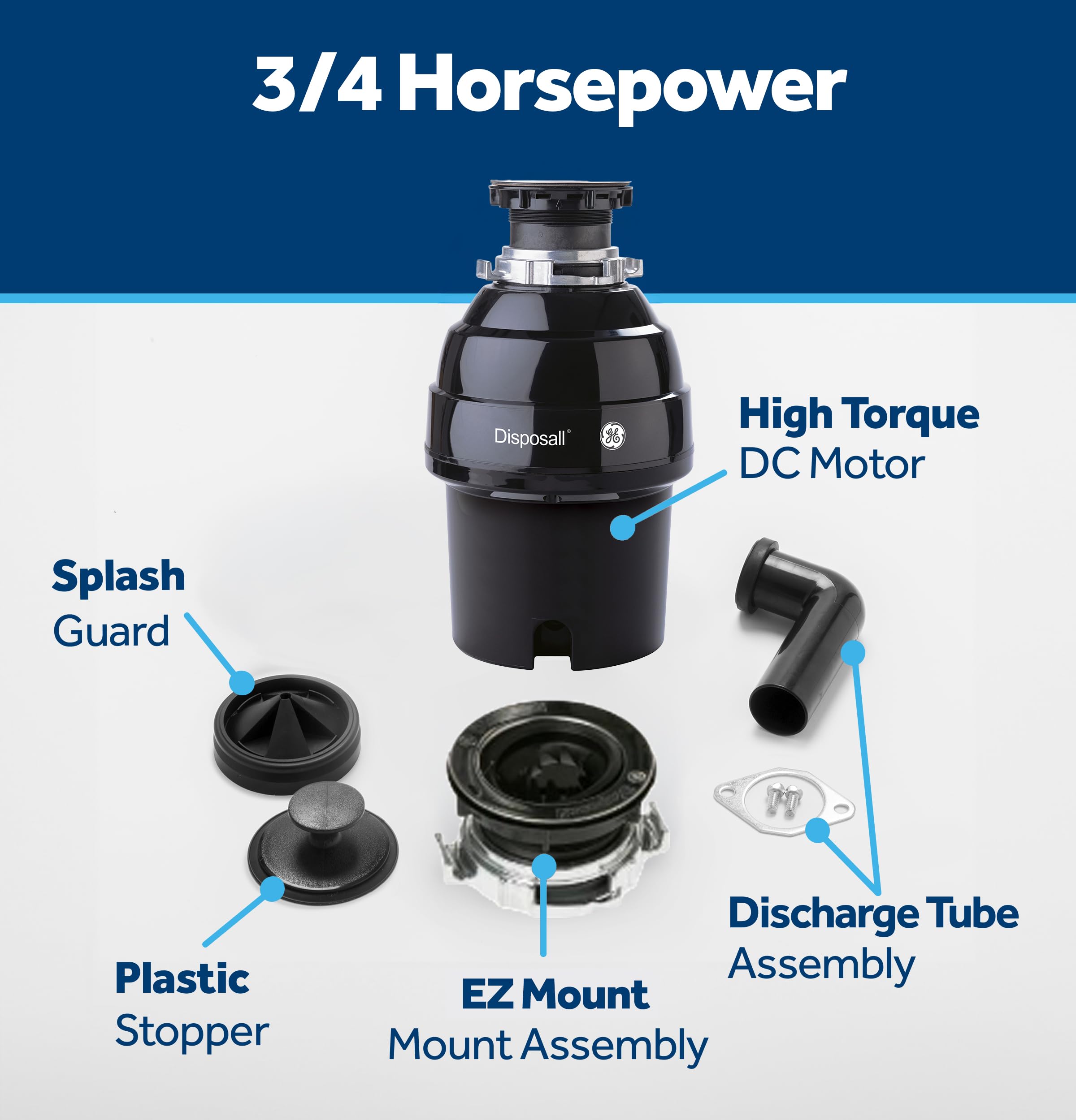 GE Disposall GFC720N Broyeur à ordures à alimentation continue avec moteur de 3/4 chevaux, idéal pour broyer : épluchures de légumes et petits os, kit d'installation facile, sans fil, recommandé pour