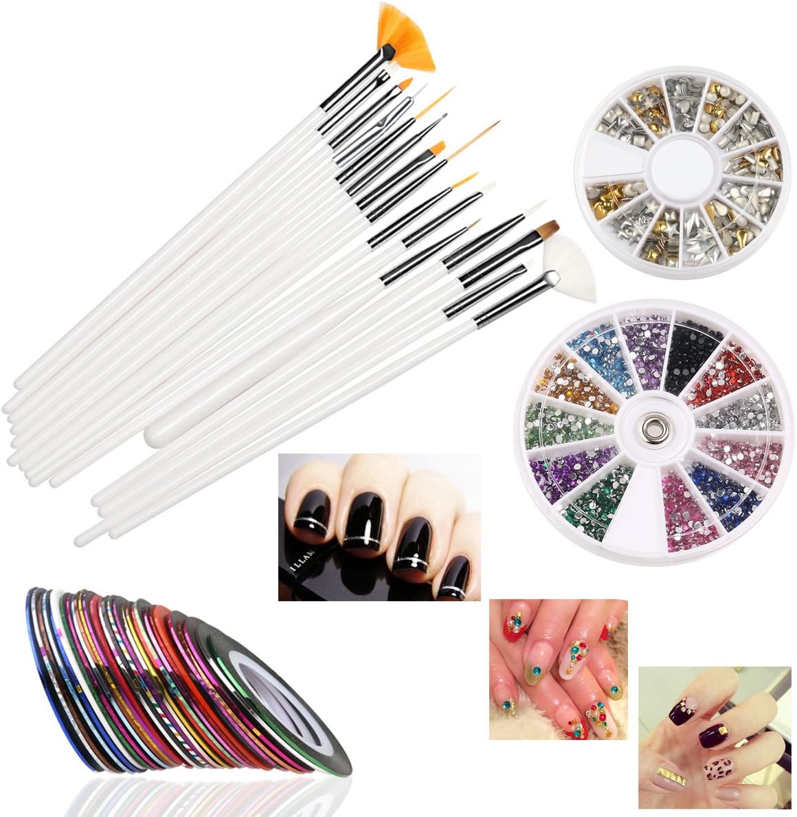 Ruimio nail art set consisting of 30 striping tapes, 15 nail art brushes, 12 coloured self-adhesive stickers, rhinestones, gold and silver nail jewellery/appliques