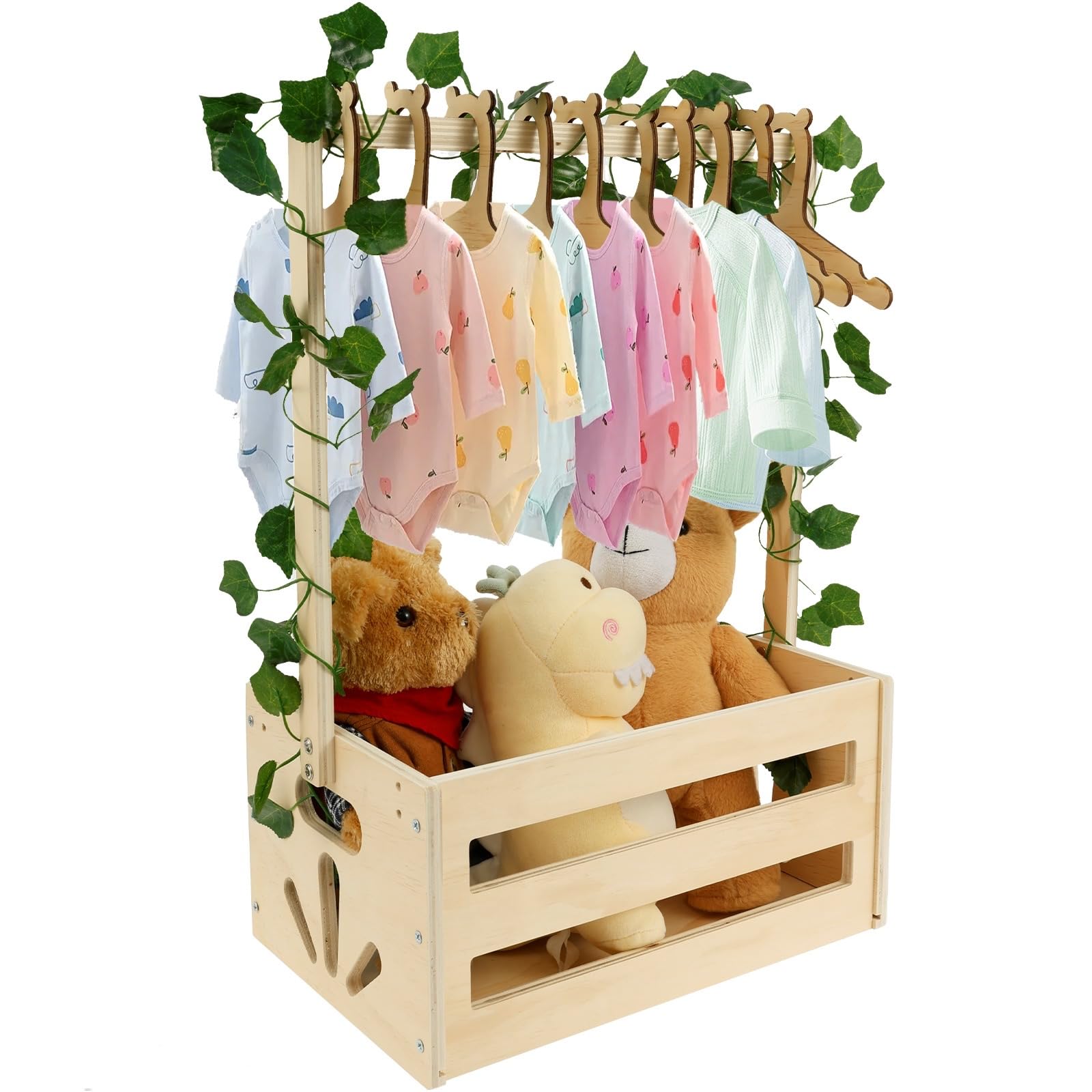 Ghshanog Wooden Baby Shower Crate Closet, Baby Shower Storage Basket With 10 Hangers, Baby Hamper With Handle, Baby Clothes Rack For Baby Bath ,Newborn Essentials For New Parents
