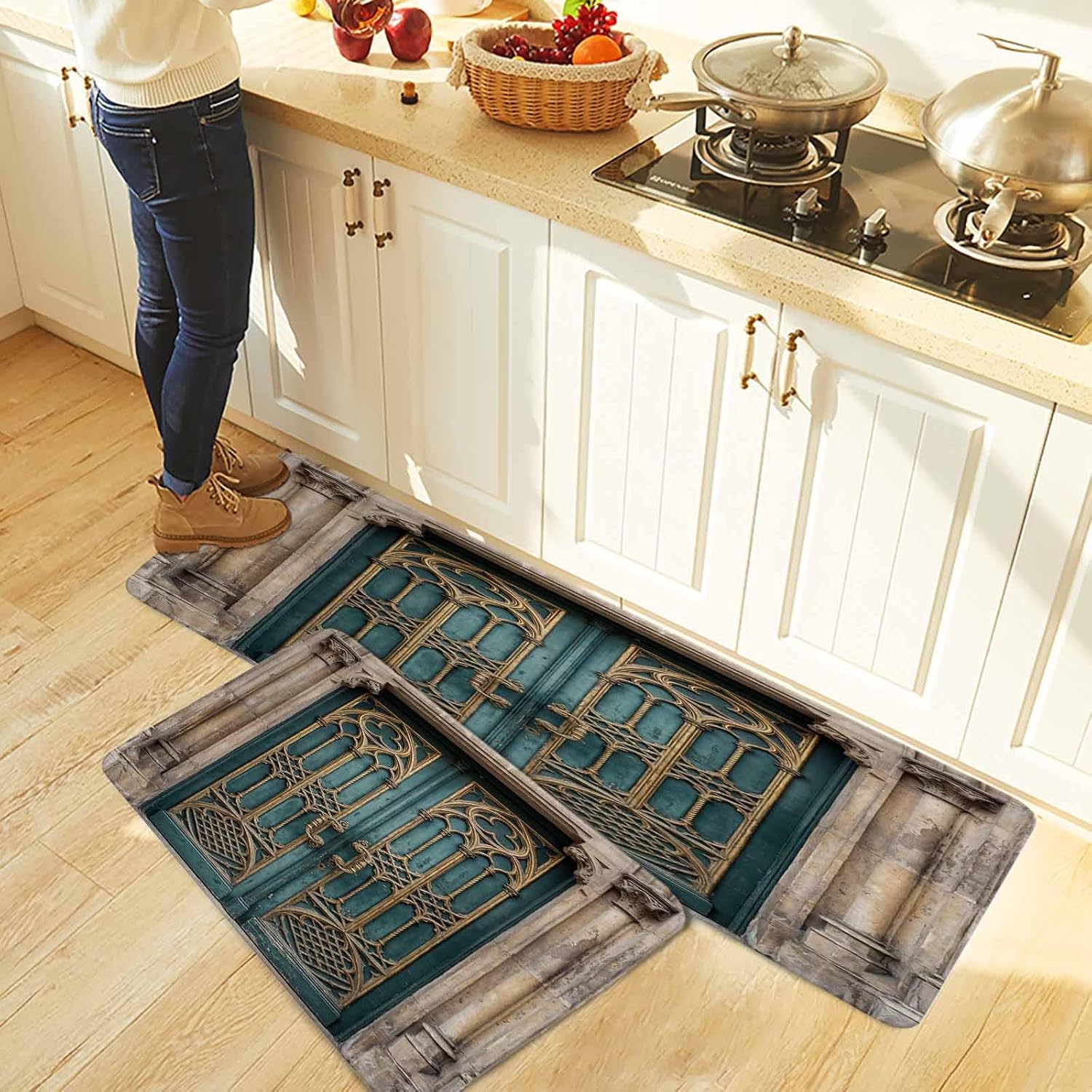 Turquoise Vintage Door Kitchen Rugs and Mats Set of 2, Non-Slip Kitchen Sink Mat, Countryside Barn Abstract Art Washable Doormat Bathroom Rugs Runner for Bedroom/Living Room 19.7"x31.5"+19.7"x63"