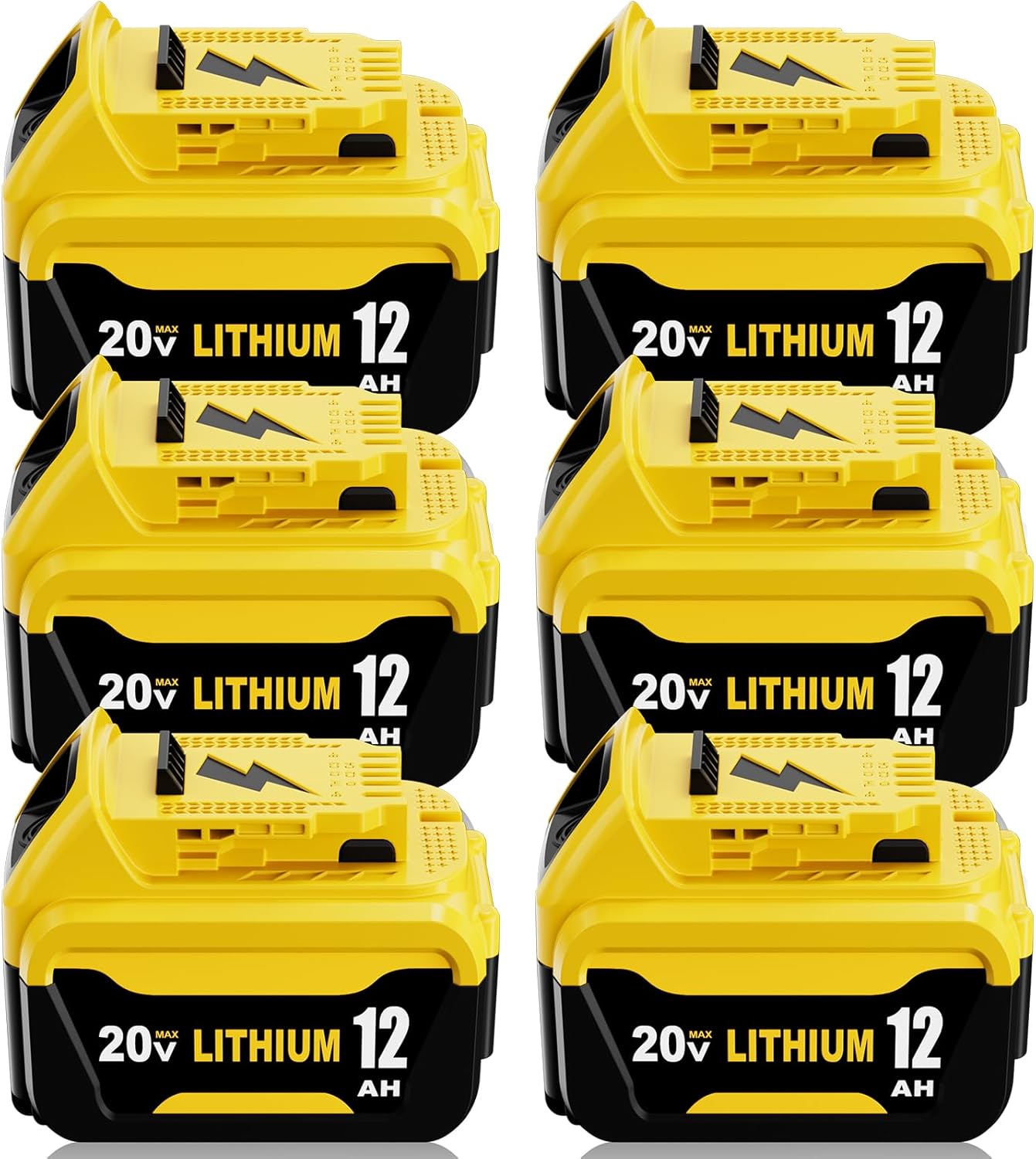 6 Pack 12.0Ah Extended Runtime Lithium Battery Replacement for Dewalt 20V Max Battery Compatible with Dewalt 20 Volt Battery DCB206 DCB207 DCB204 DCB201 DCB200 DCD/DCF/DCG Series Power Tools (Yellow)